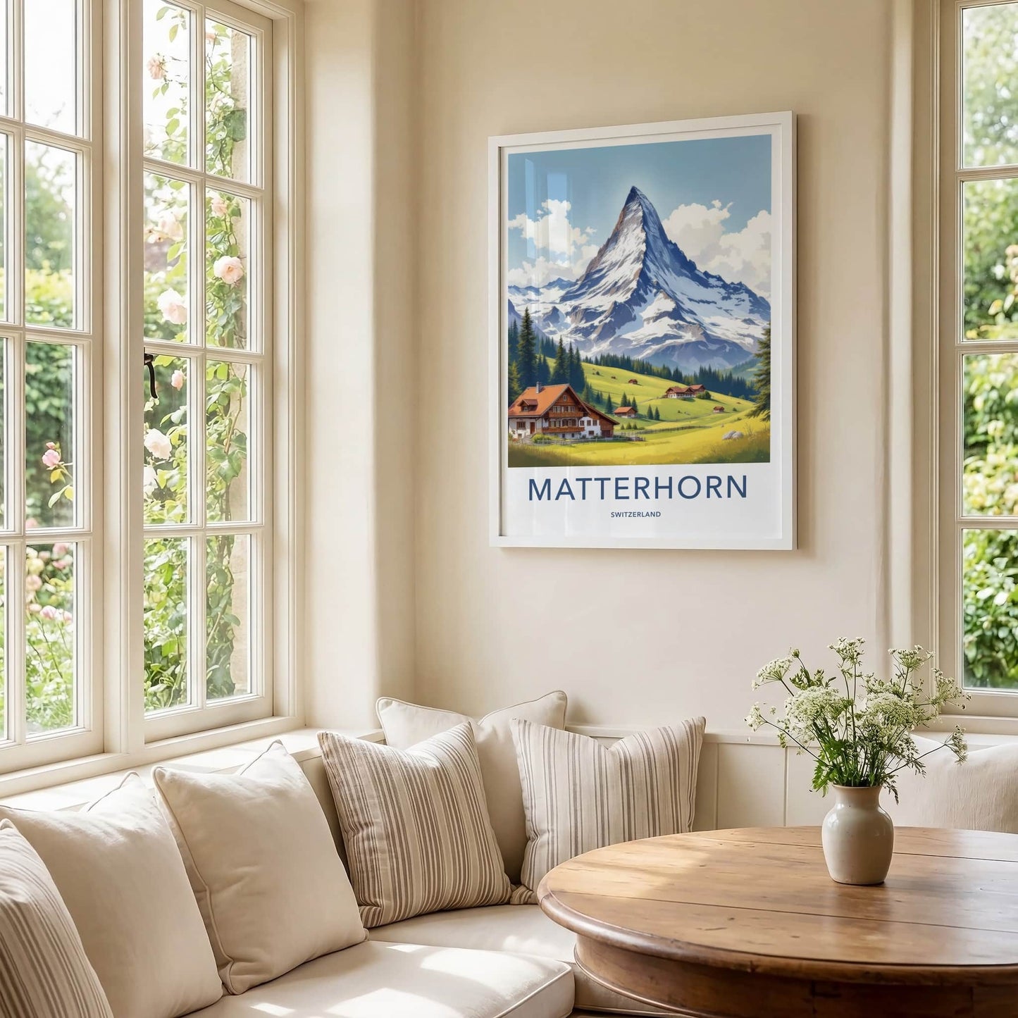 Matterhorn Poster - Switzerland Travel Art - Alpine Village Scene Home Decor