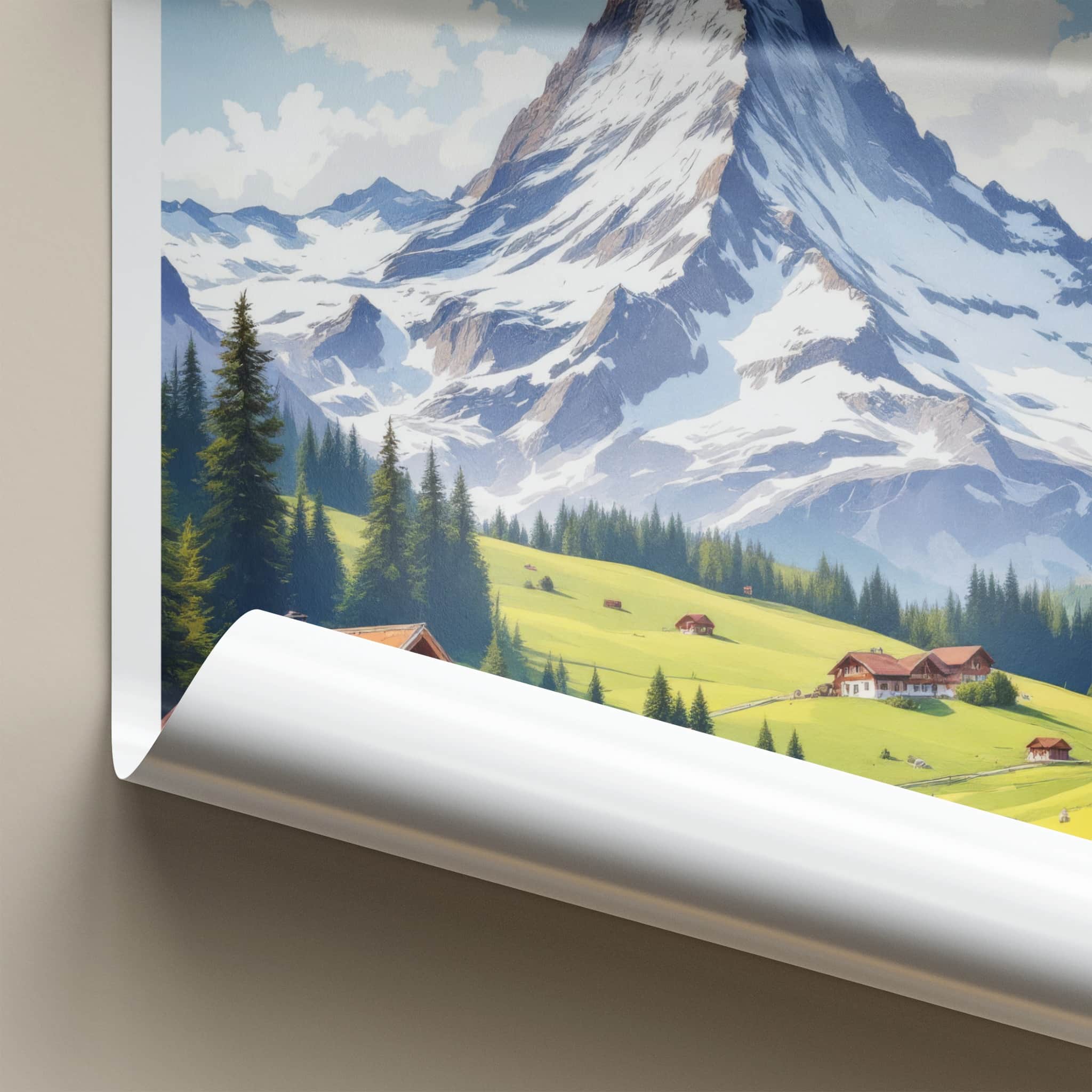 Matterhorn Poster - Switzerland Travel Art - Alpine Village Scene Home Decor
