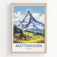 Matterhorn Poster - Switzerland Travel Art - Alpine Village Scene Home Decor