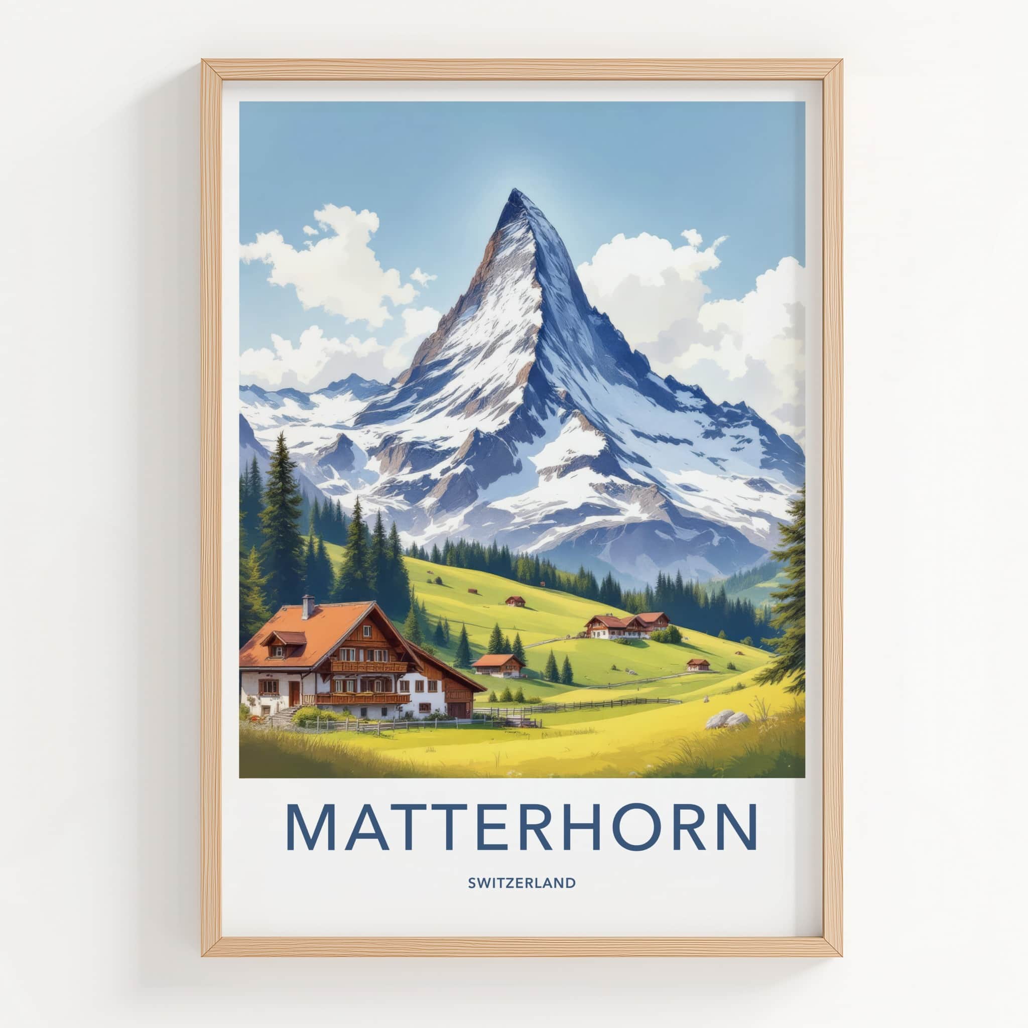 Matterhorn Poster - Switzerland Travel Art - Alpine Village Scene Home Decor