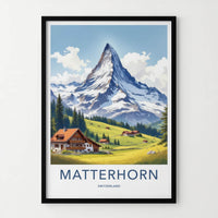 Matterhorn Poster - Switzerland Travel Art - Alpine Village Scene Home Decor