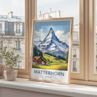 Matterhorn Poster - Switzerland Travel Art - Alpine Village Scene Home Decor