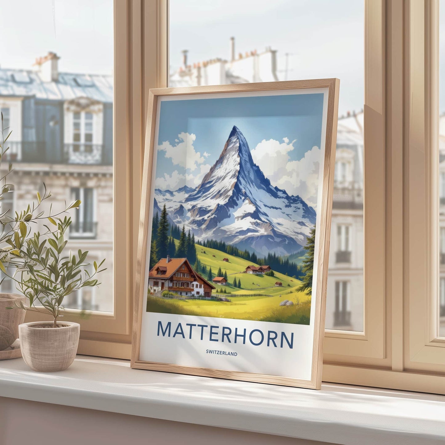 Matterhorn Poster - Switzerland Travel Art - Alpine Village Scene Home Decor