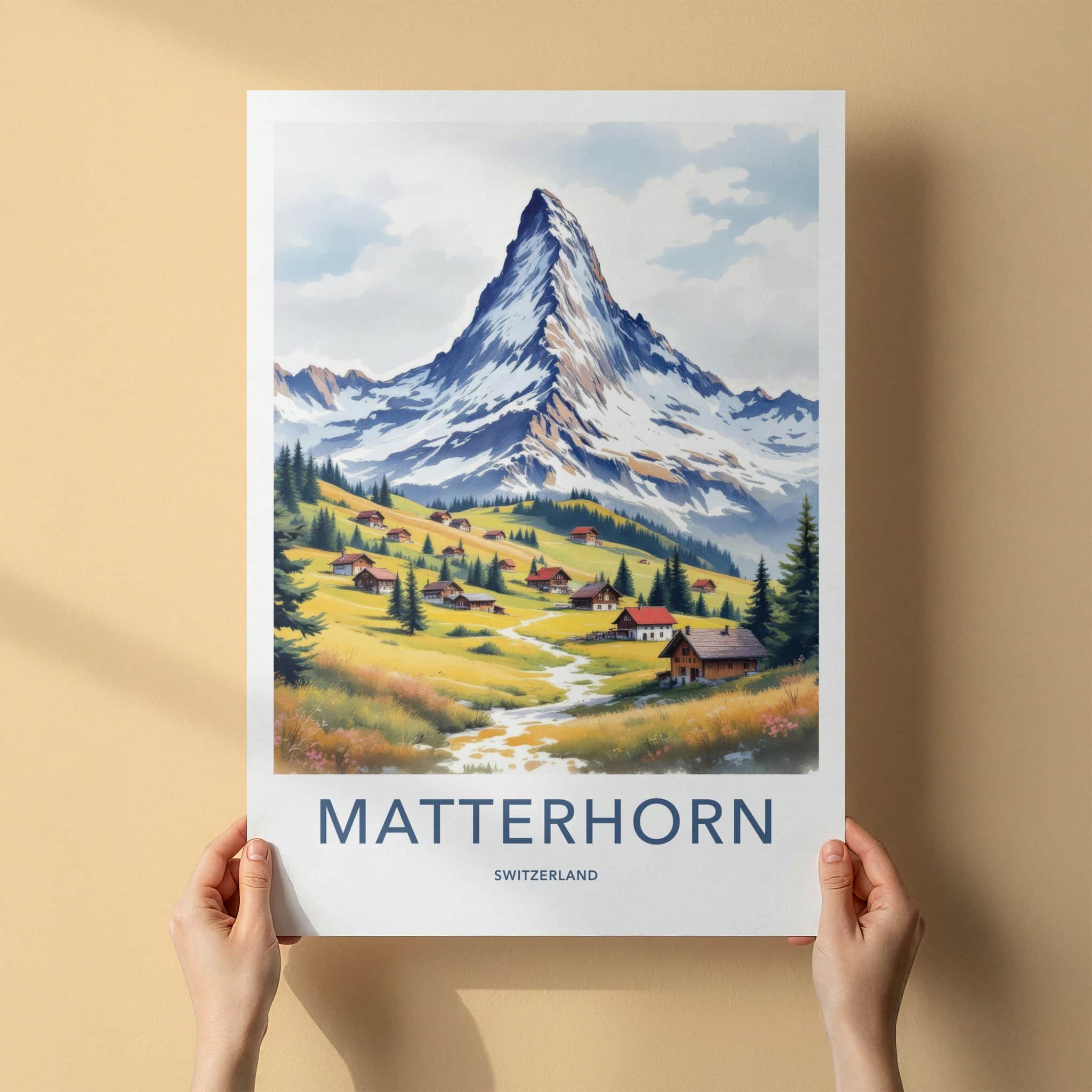 Matterhorn Poster - Switzerland Travel Art - Alpine Village Stream Home Decor