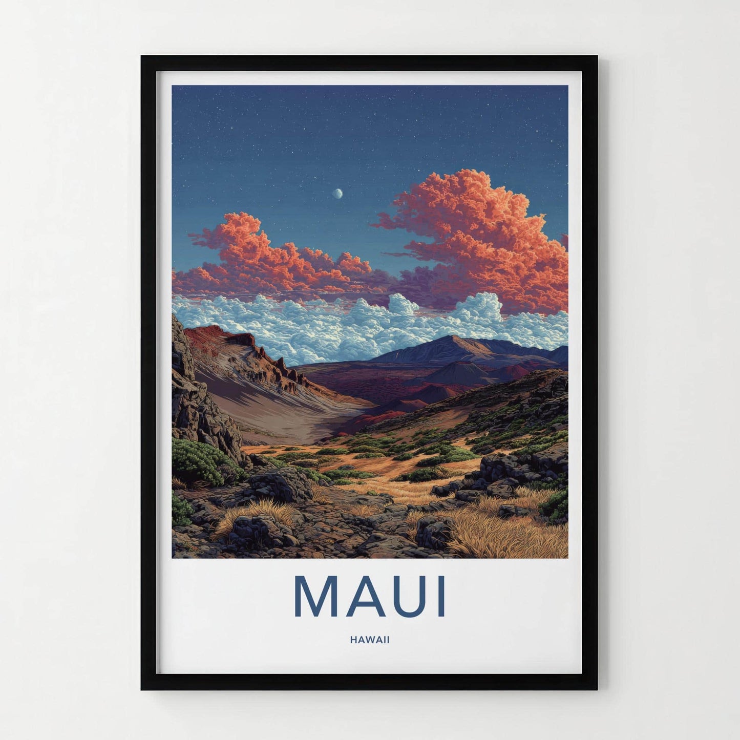 Maui Poster - Hawaii Travel Art - Starlit Valley Clouds Wall Decor