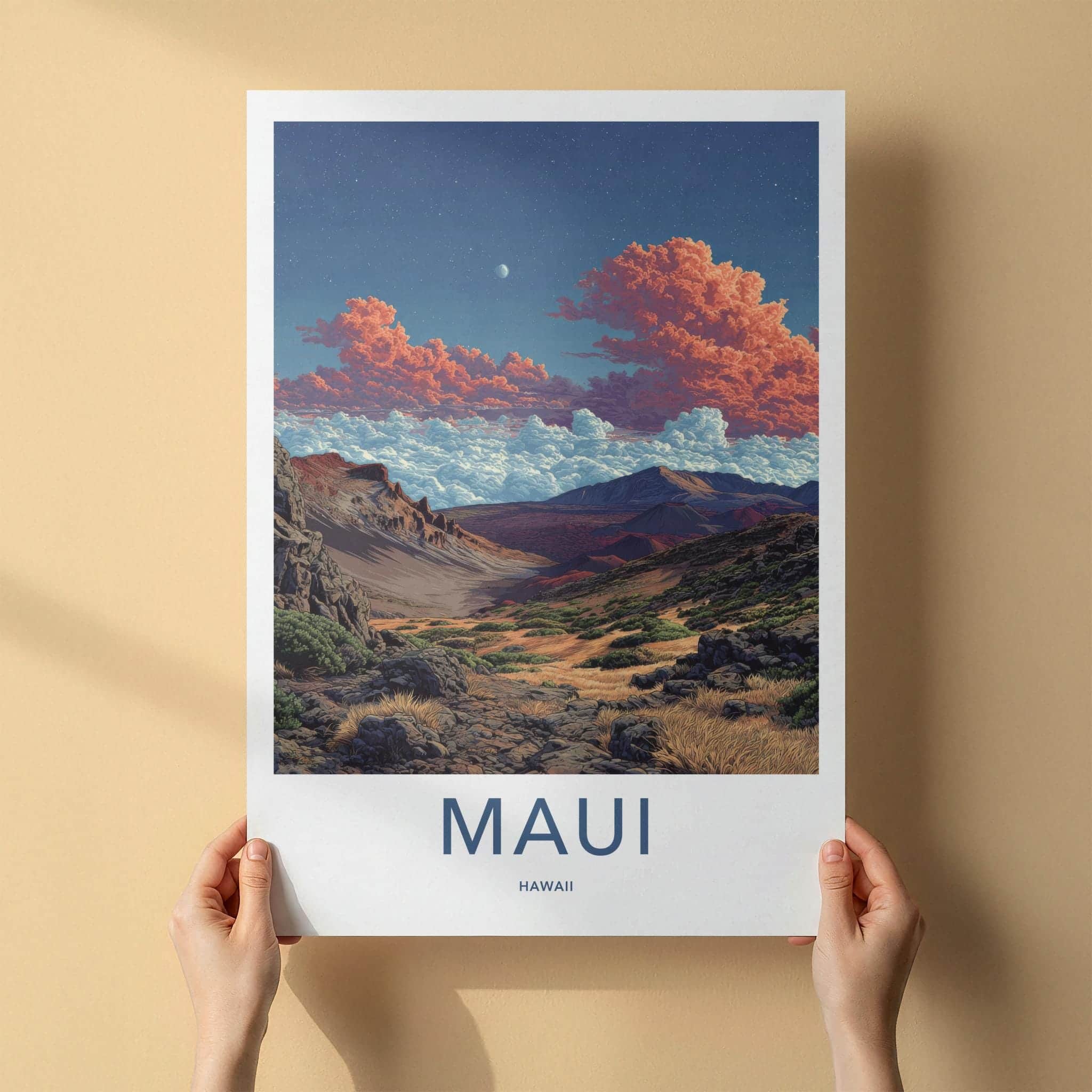 Maui Poster - Hawaii Travel Art - Starlit Valley Clouds Wall Decor