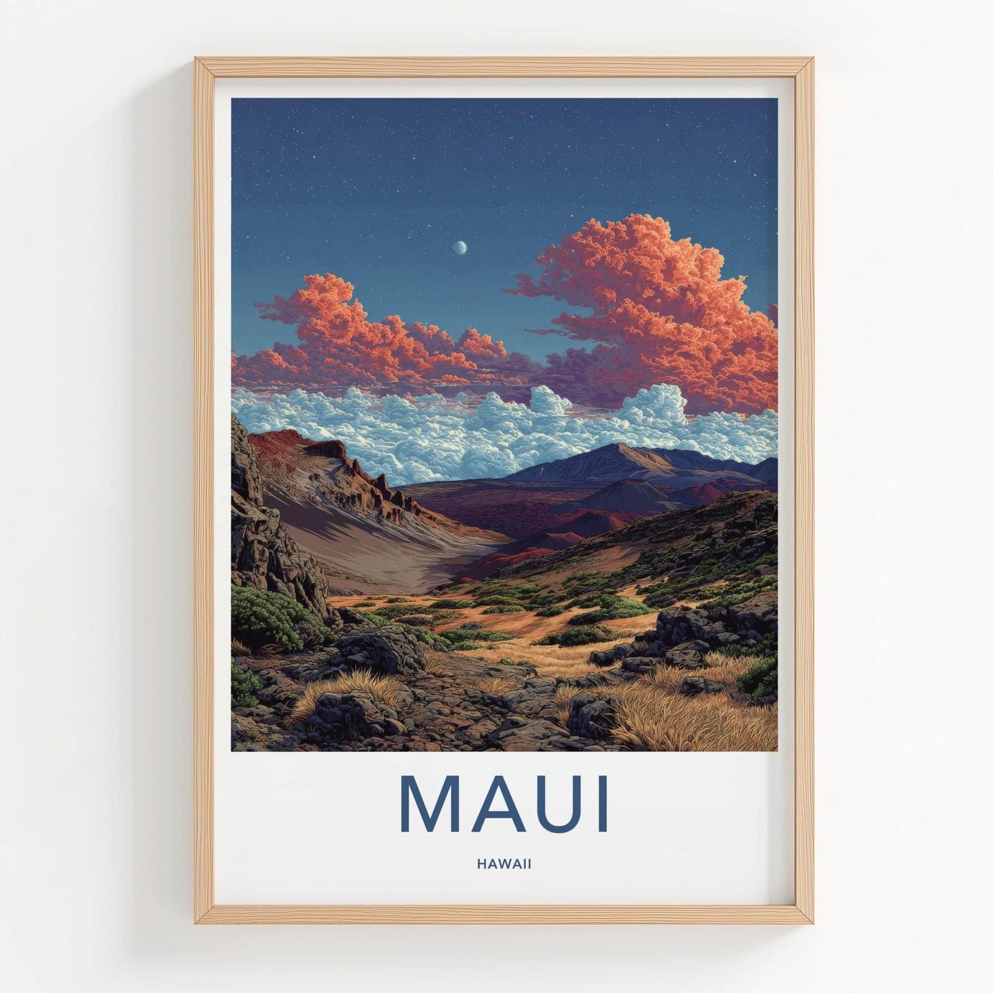 Maui Poster - Hawaii Travel Art - Starlit Valley Clouds Wall Decor