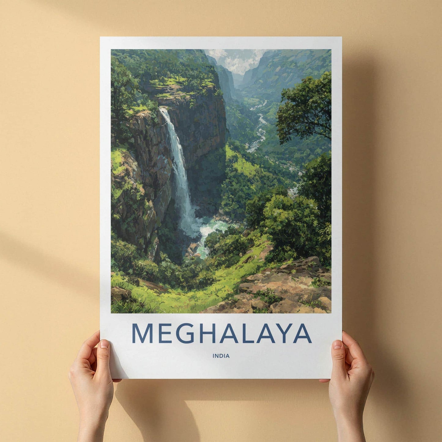 Meghalaya Poster - India Travel Art - Meghalaya Lush Valley Waterfall Home Decor