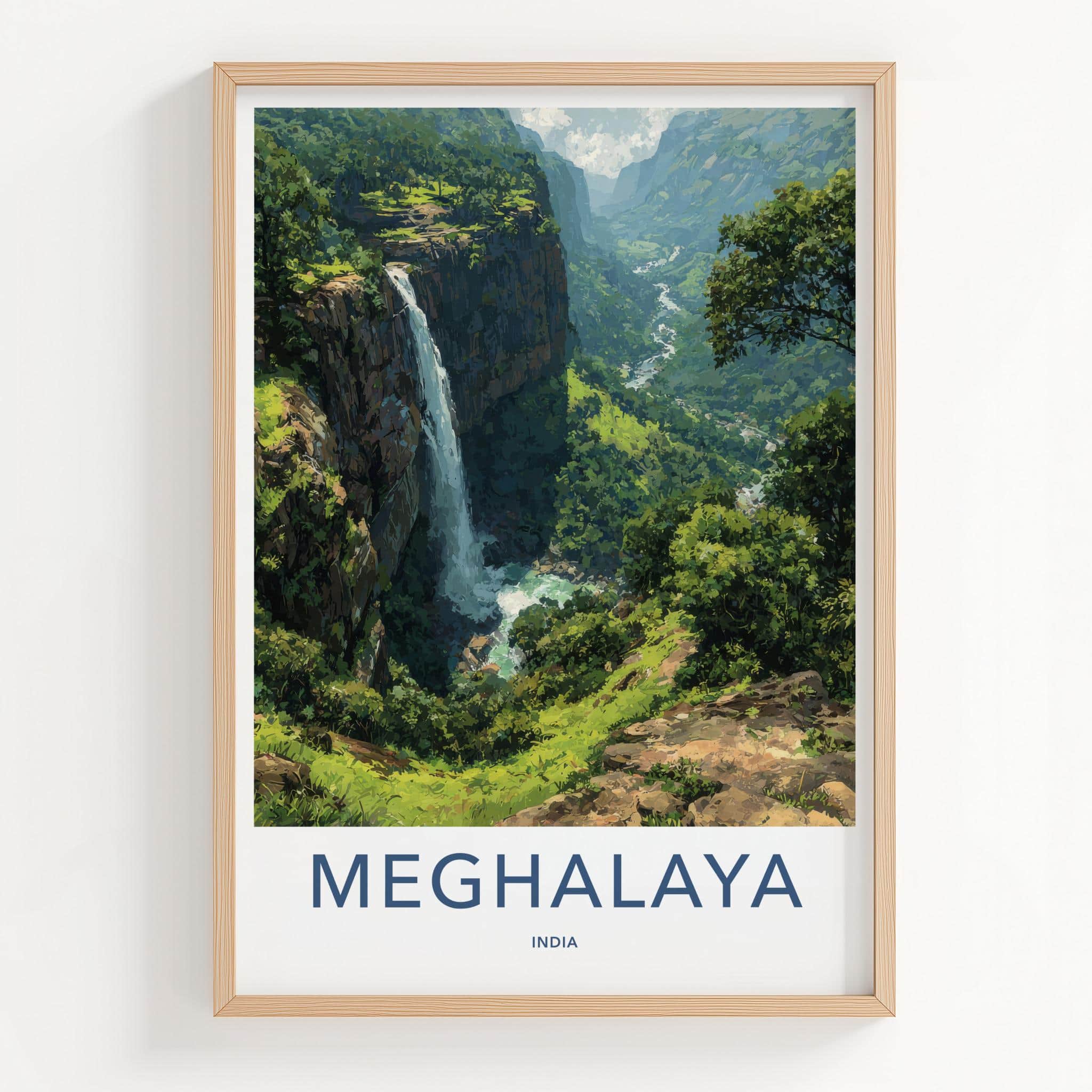 Meghalaya Poster - India Travel Art - Meghalaya Lush Valley Waterfall Home Decor