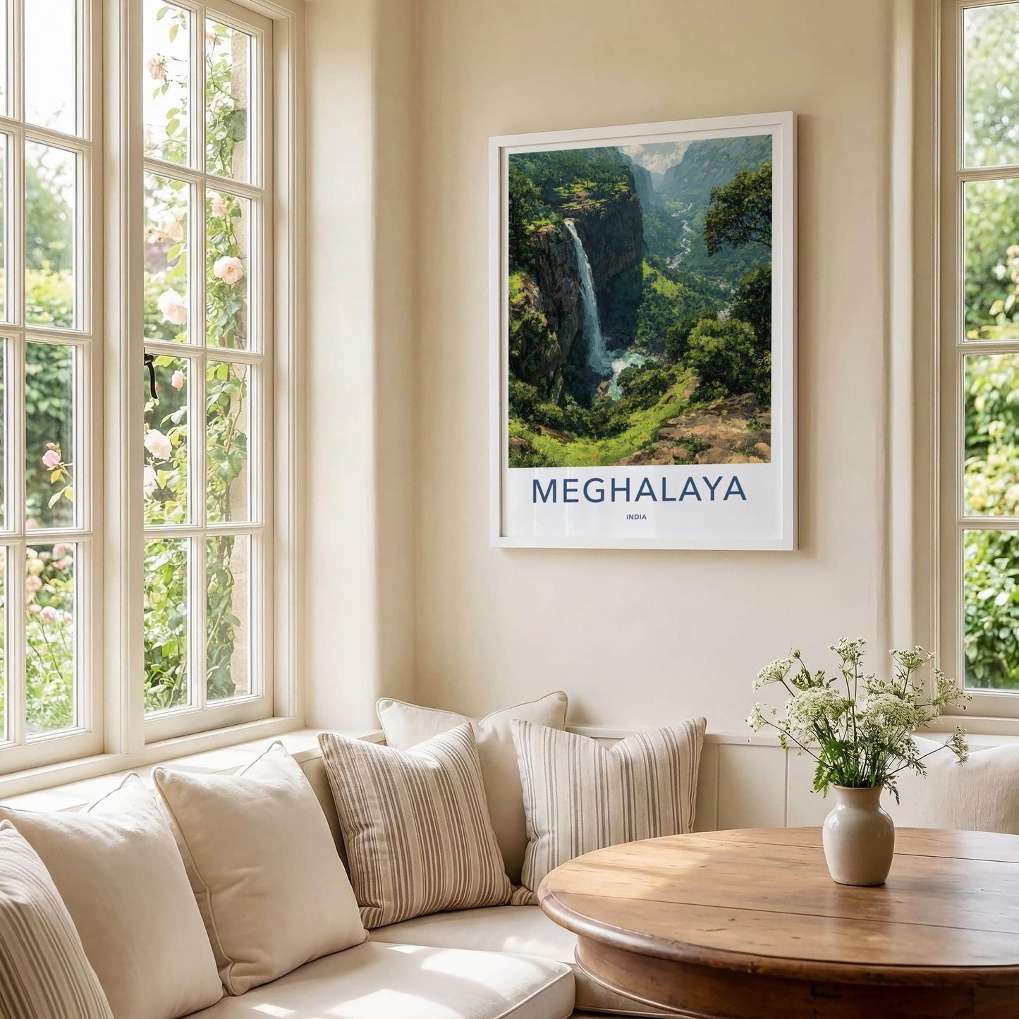 Meghalaya Poster - India Travel Art - Meghalaya Lush Valley Waterfall Home Decor