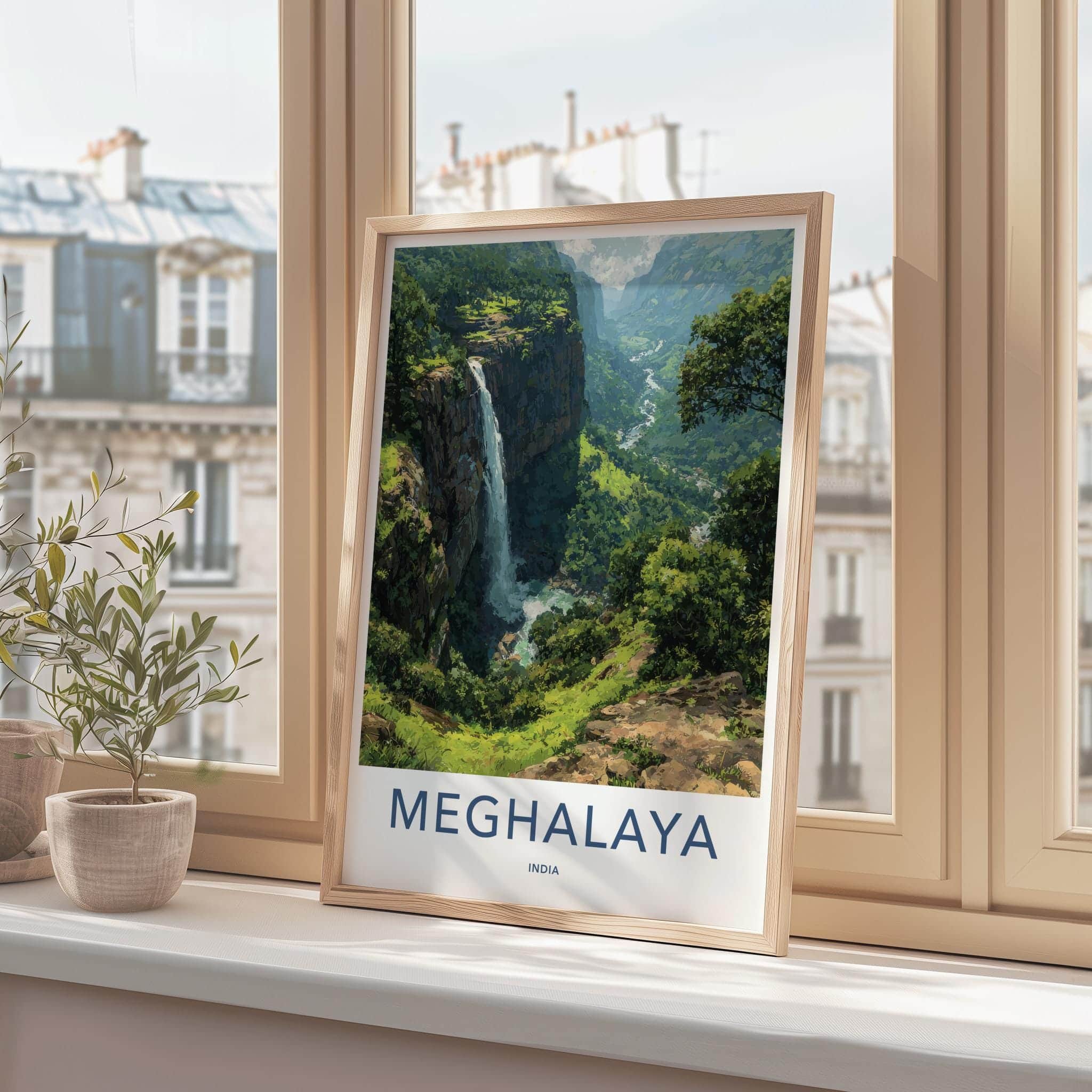 Meghalaya Poster - India Travel Art - Meghalaya Lush Valley Waterfall Home Decor