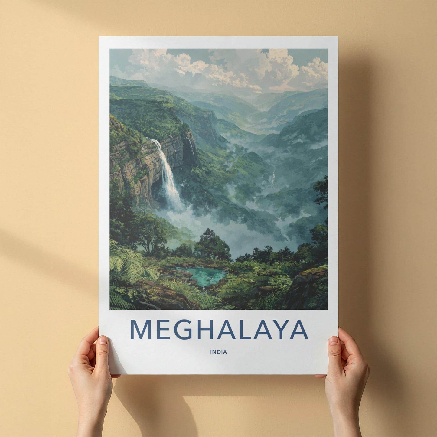Meghalaya Poster - India Travel Art - Meghalaya Waterfall Valley Home Decor
