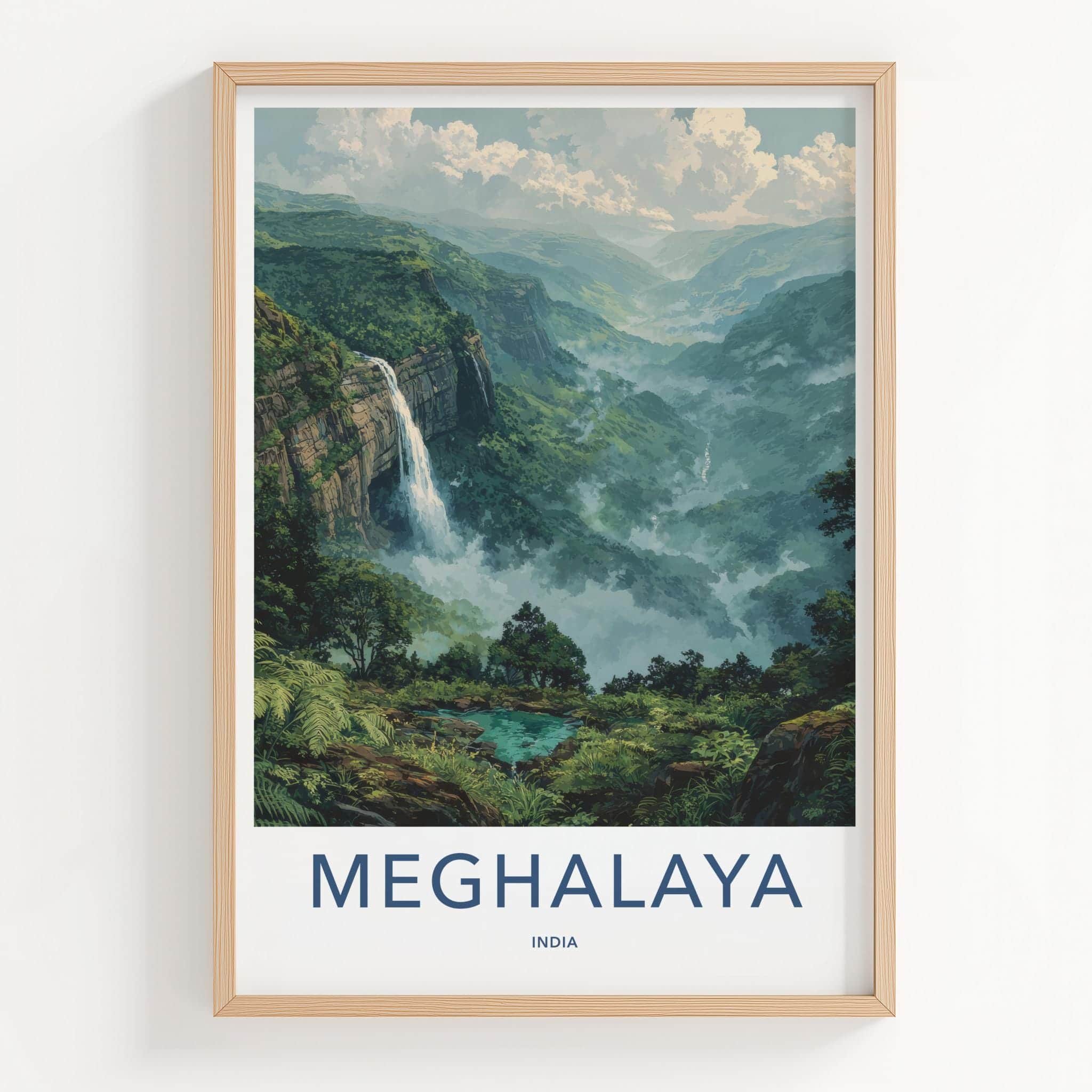 Meghalaya Poster - India Travel Art - Meghalaya Waterfall Valley Home Decor