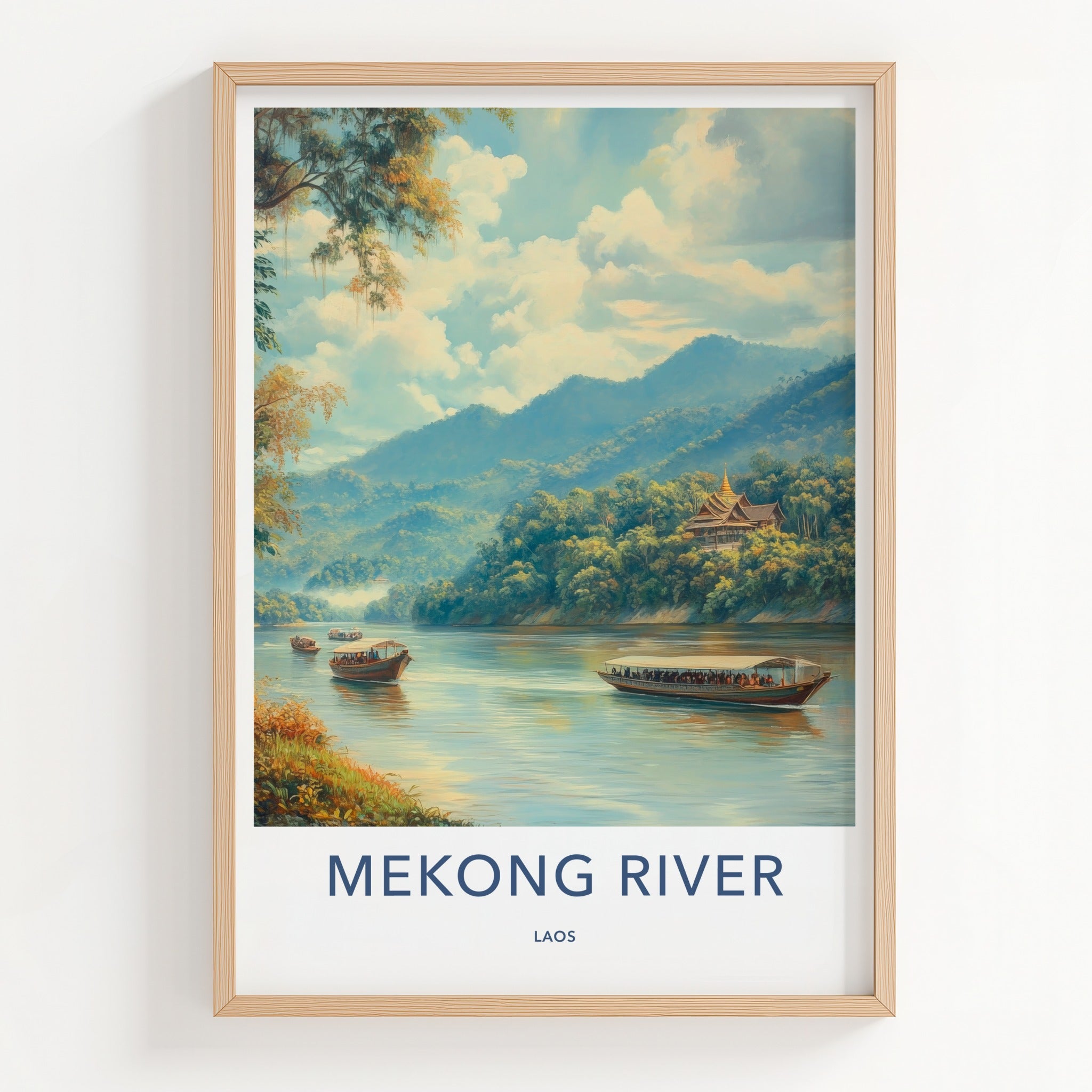Mekong River Poster - Laos Travel Art - Temple Boats Mountains Home Decor