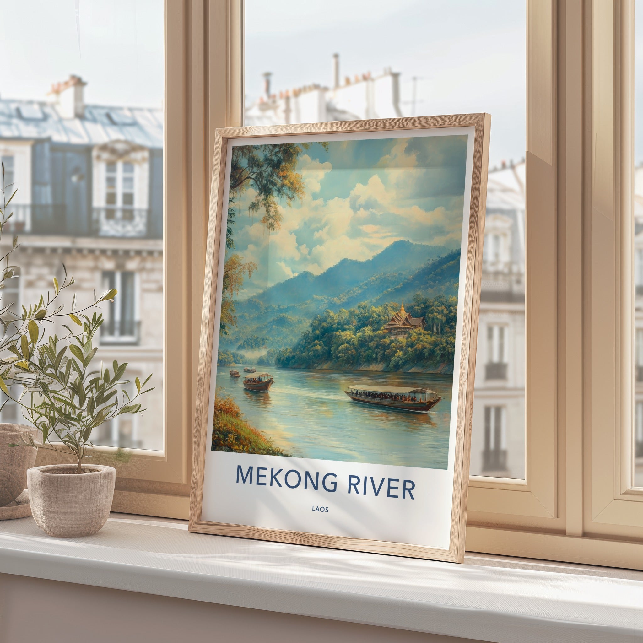 Mekong River Poster - Laos Travel Art - Temple Boats Mountains Home Decor