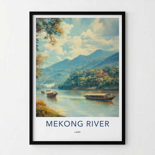 Mekong River Poster - Laos Travel Art - Temple Boats Mountains Home Decor