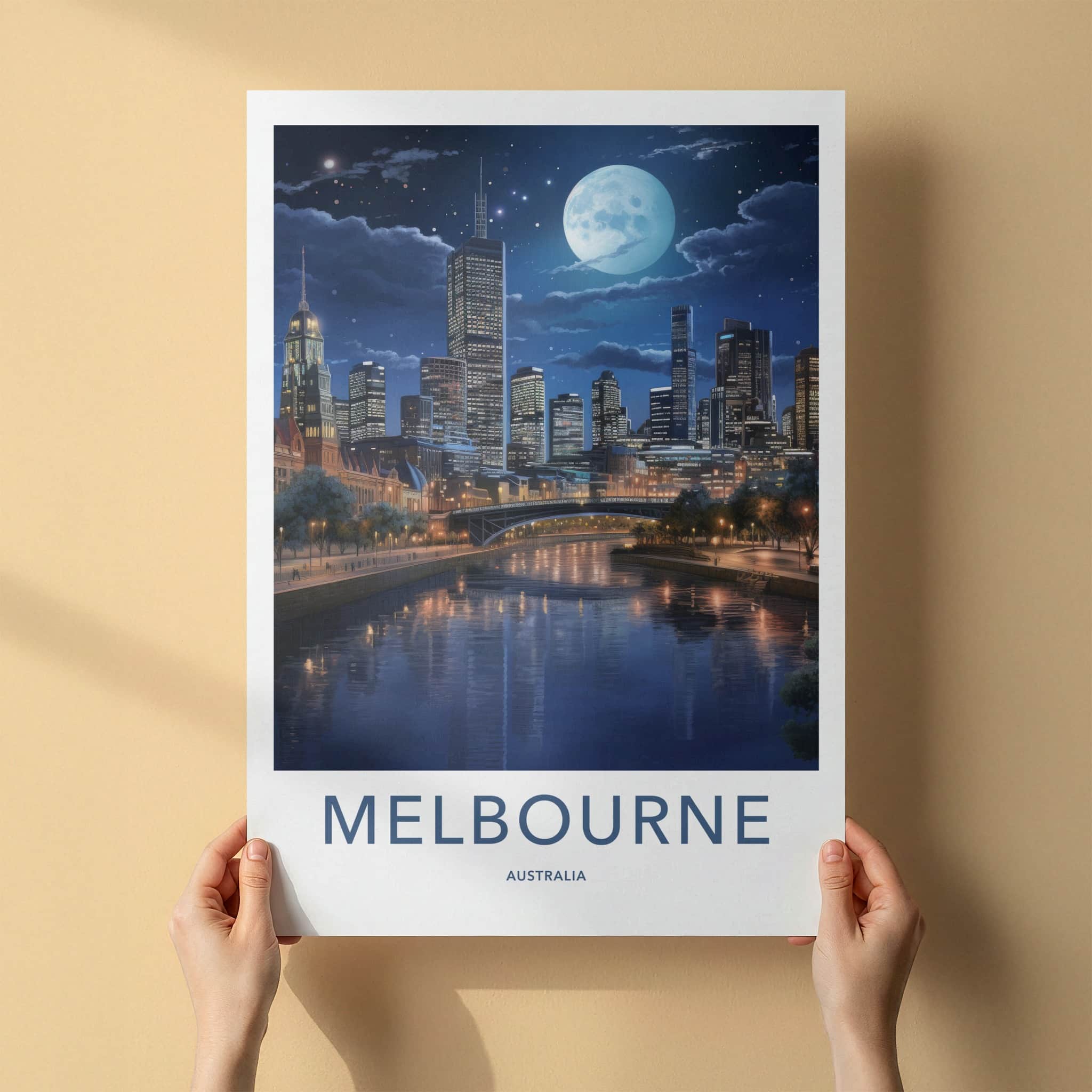 Melbourne Poster - Australia Art Print - Moonlit City River Home Decor