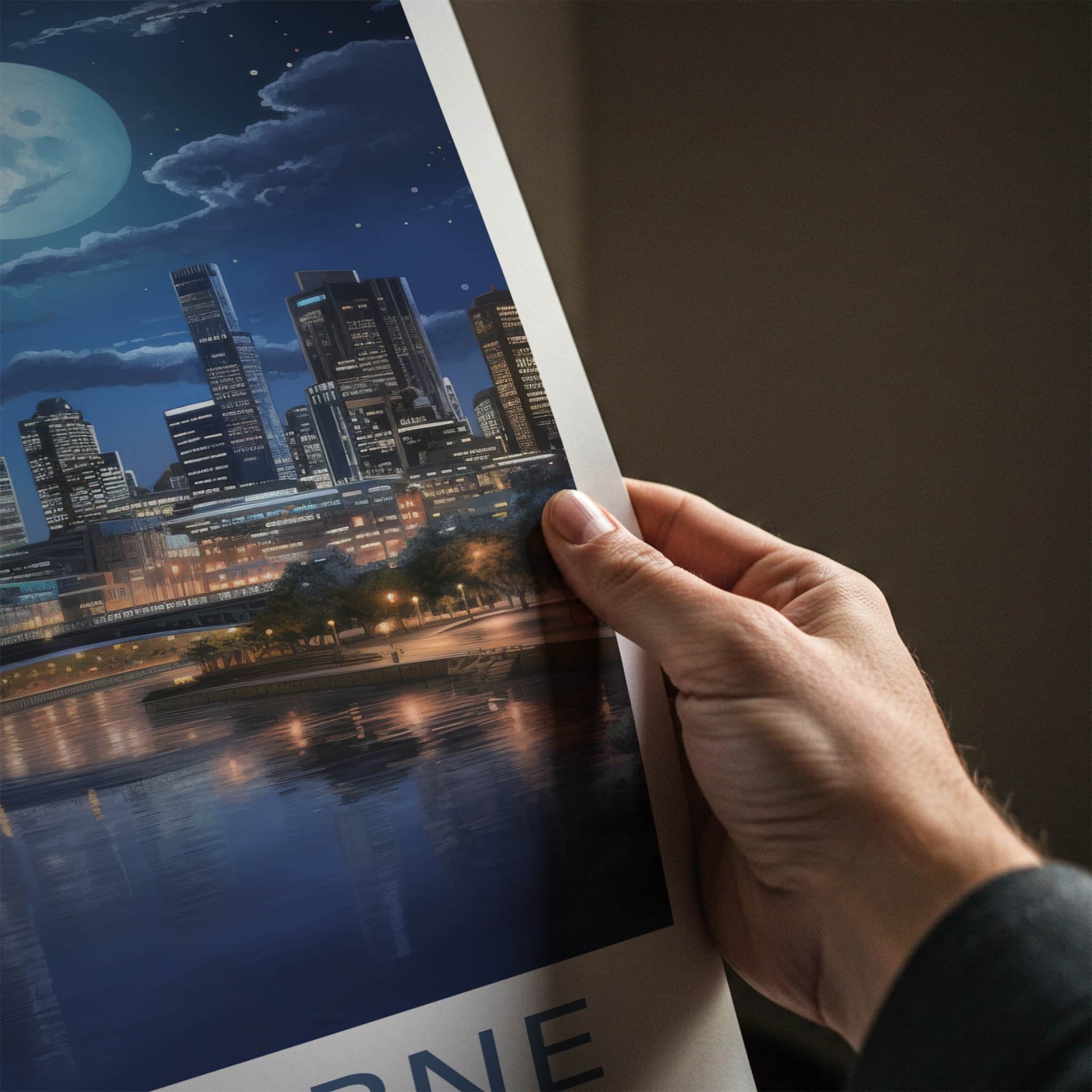 Melbourne Poster - Australia Art Print - Moonlit City River Home Decor