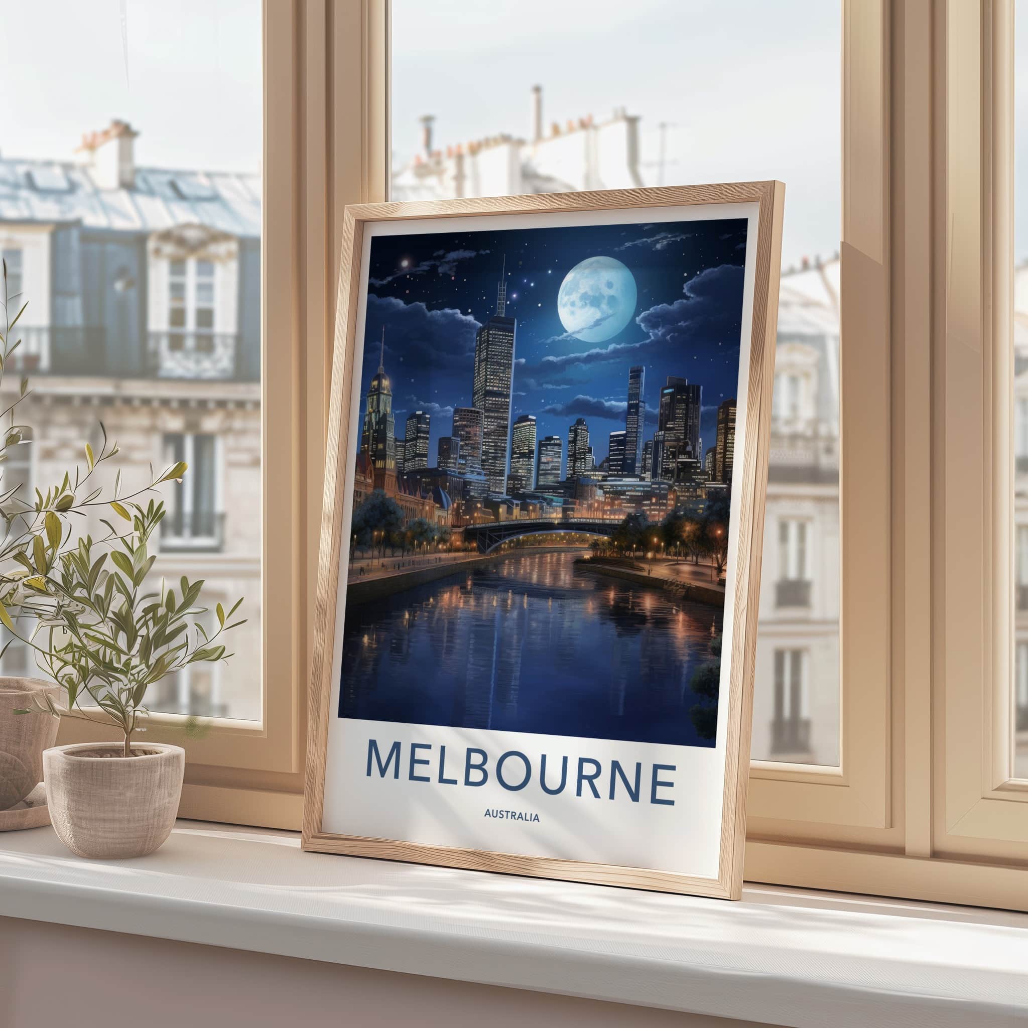 Melbourne Poster - Australia Art Print - Moonlit City River Home Decor