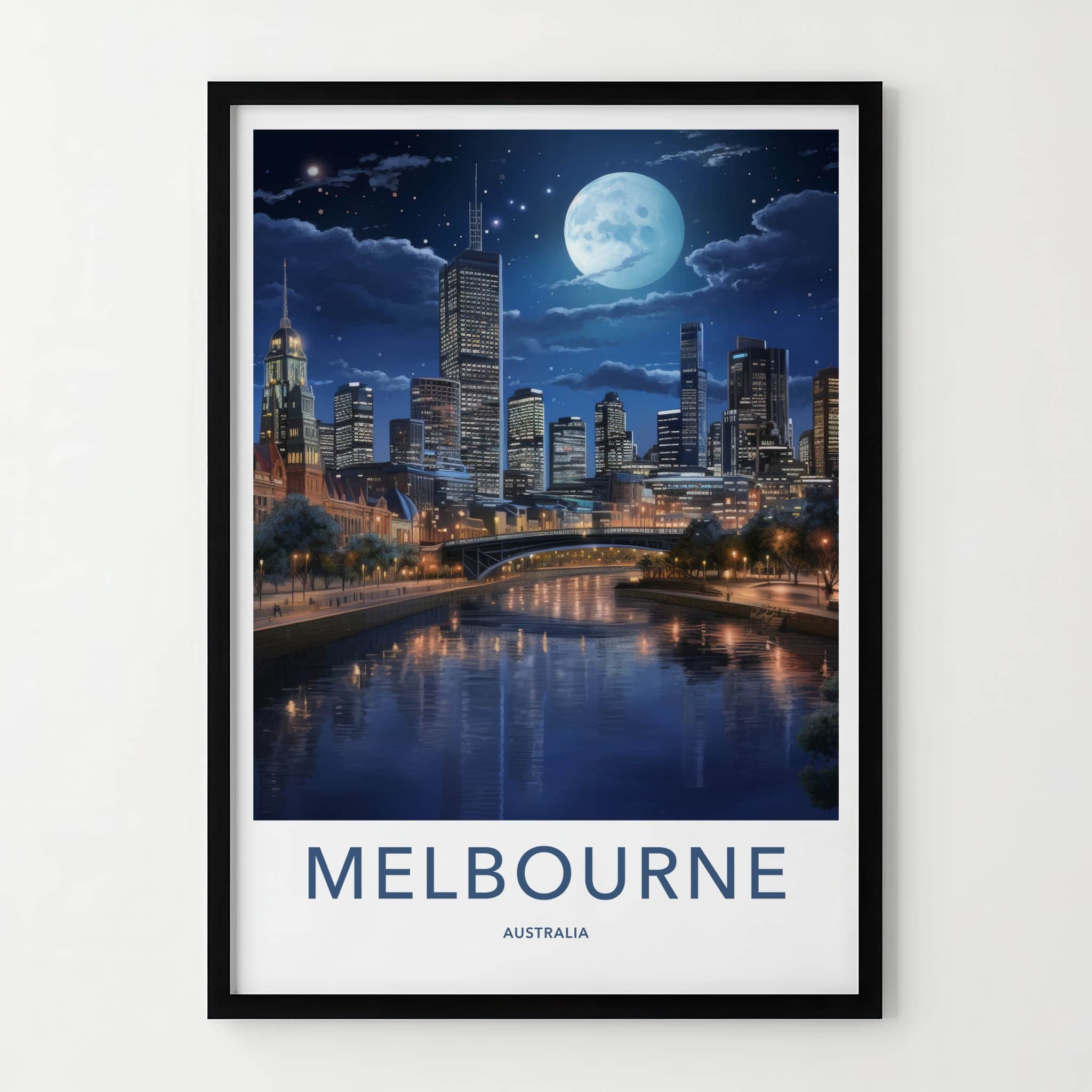 Melbourne Poster - Australia Art Print - Moonlit City River Home Decor
