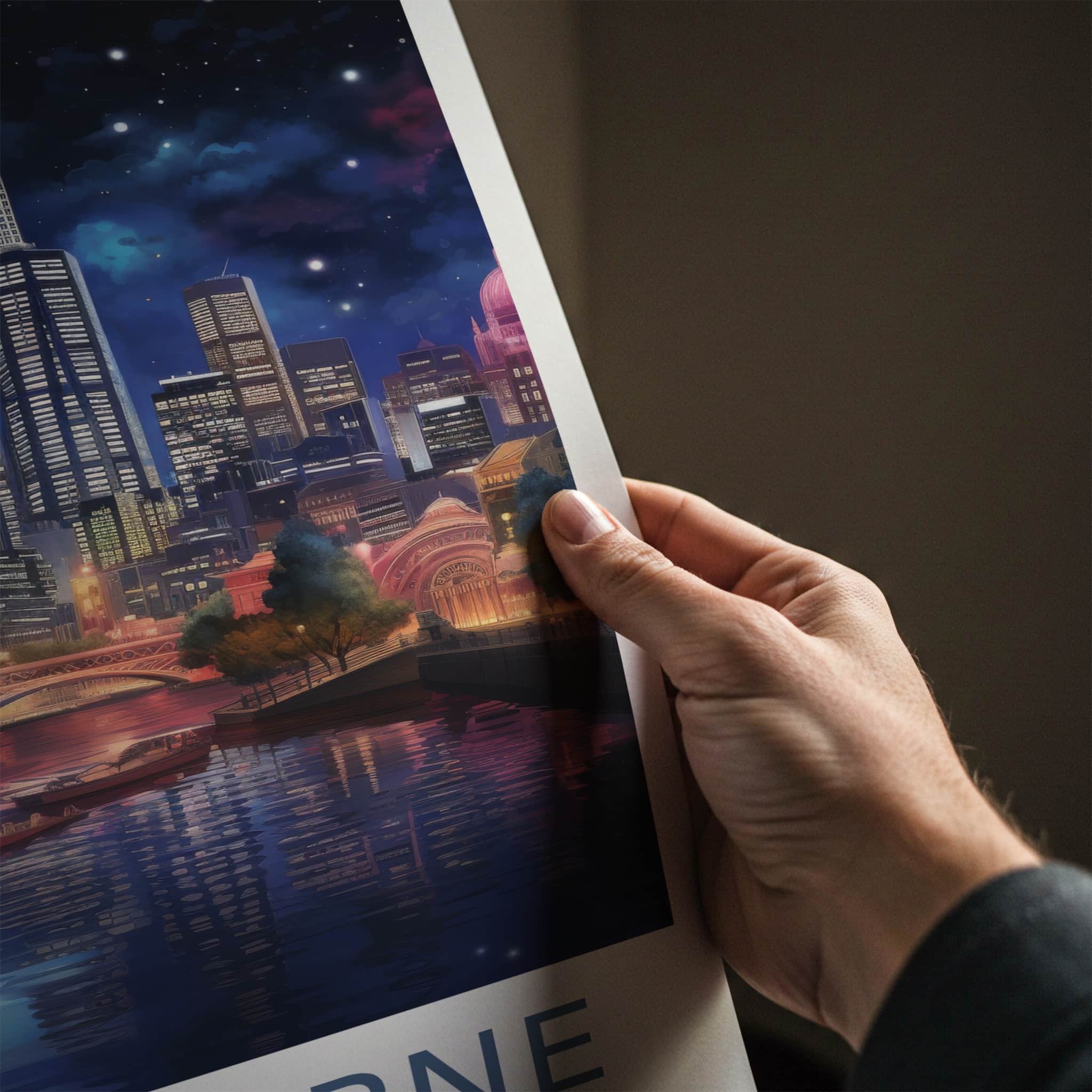 Melbourne Poster - Australia Travel Art - Moonlit City Reflection Home Decor