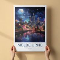 Melbourne Poster - Australia Travel Art - Moonlit City Reflection Home Decor
