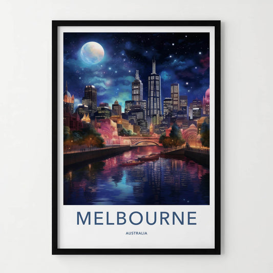 Melbourne Poster - Australia Travel Art - Moonlit City Reflection Home Decor