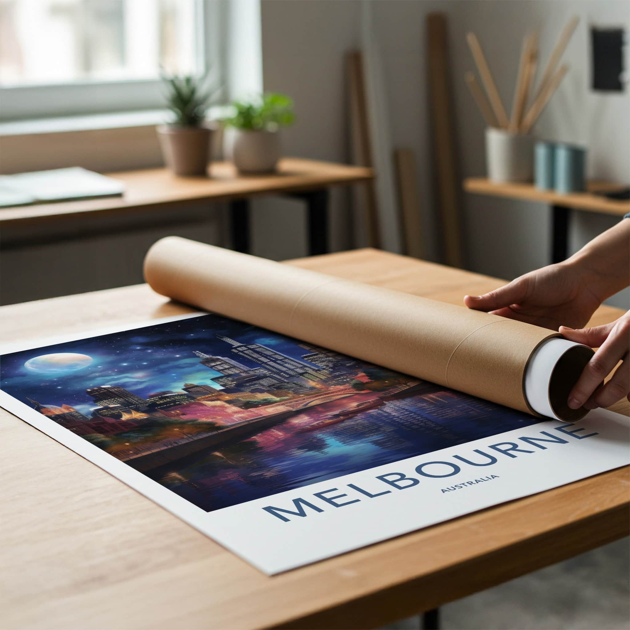 Melbourne Poster - Australia Travel Art - Moonlit City Reflection Home Decor