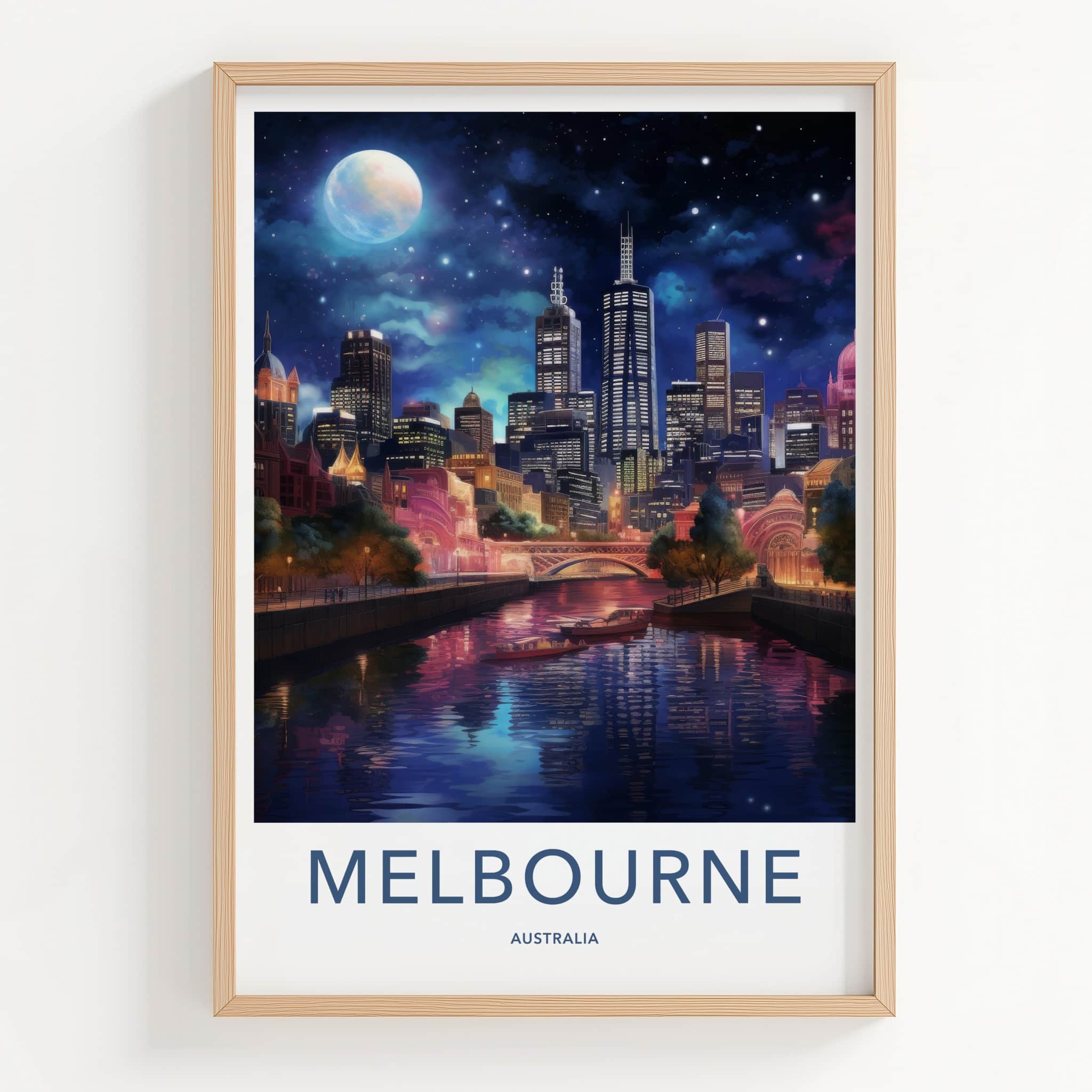Melbourne Poster - Australia Travel Art - Moonlit City Reflection Home Decor