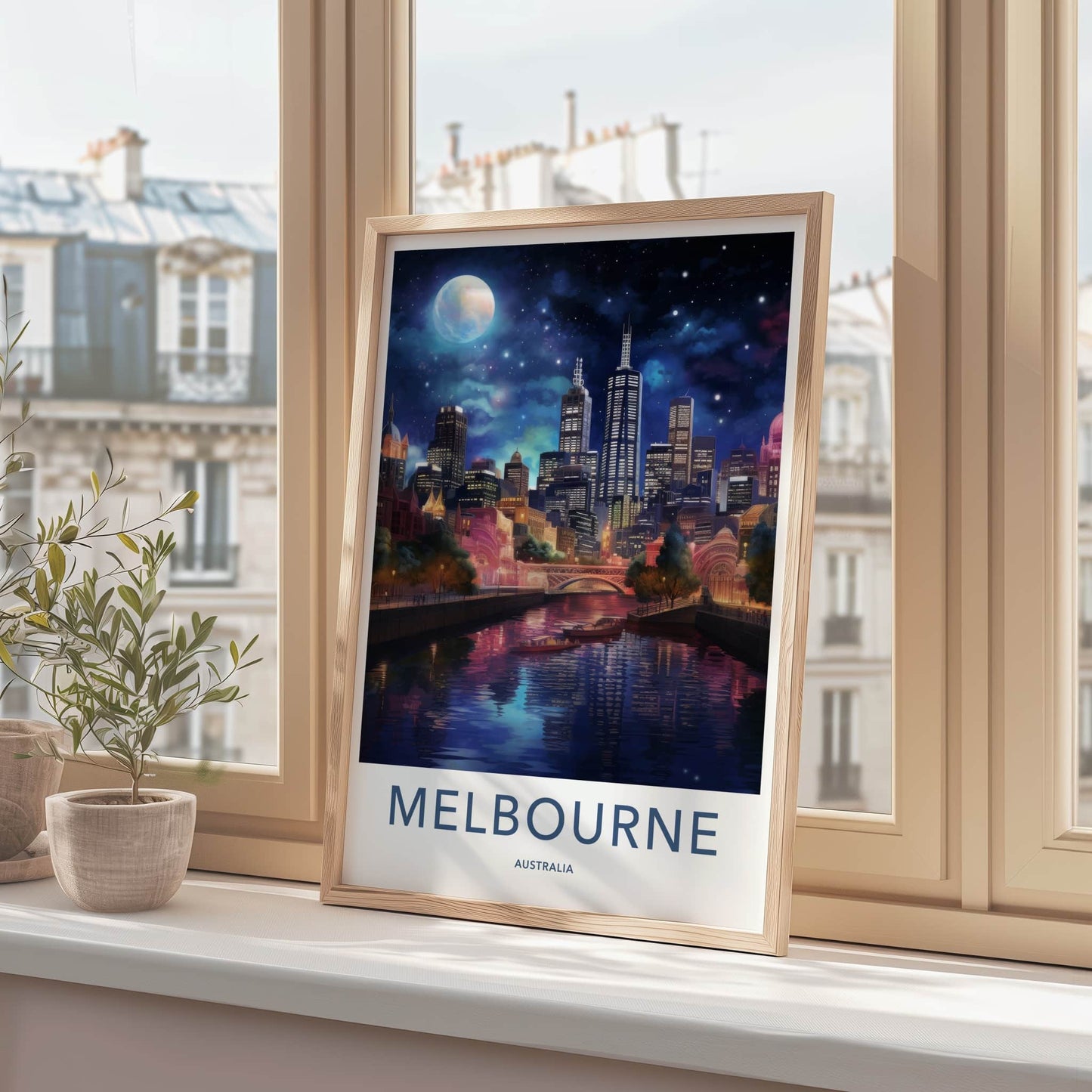 Melbourne Poster - Australia Travel Art - Moonlit City Reflection Home Decor