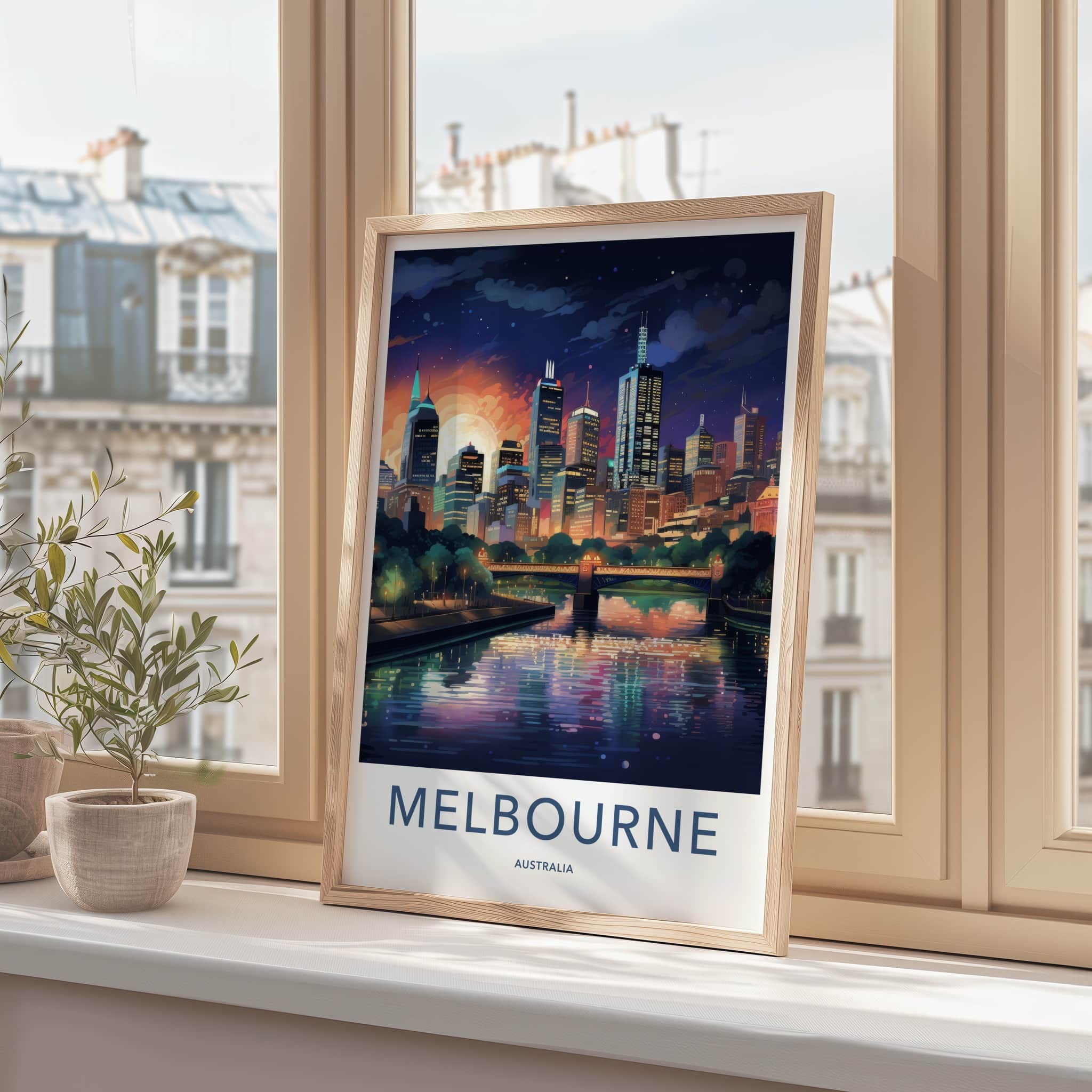 Melbourne Poster - Australia Travel Art - Moonlit City River Home Decor