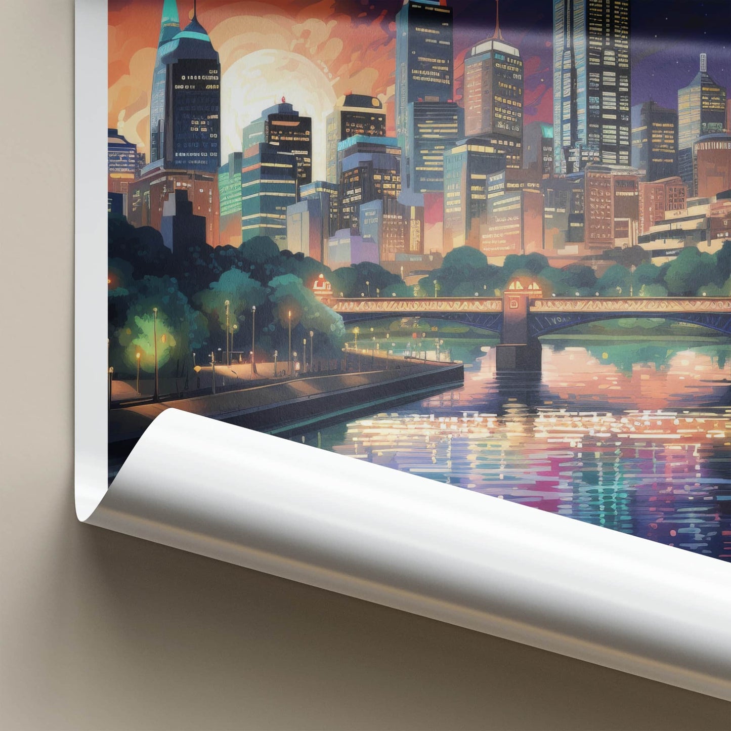 Melbourne Poster - Australia Travel Art - Moonlit City River Home Decor