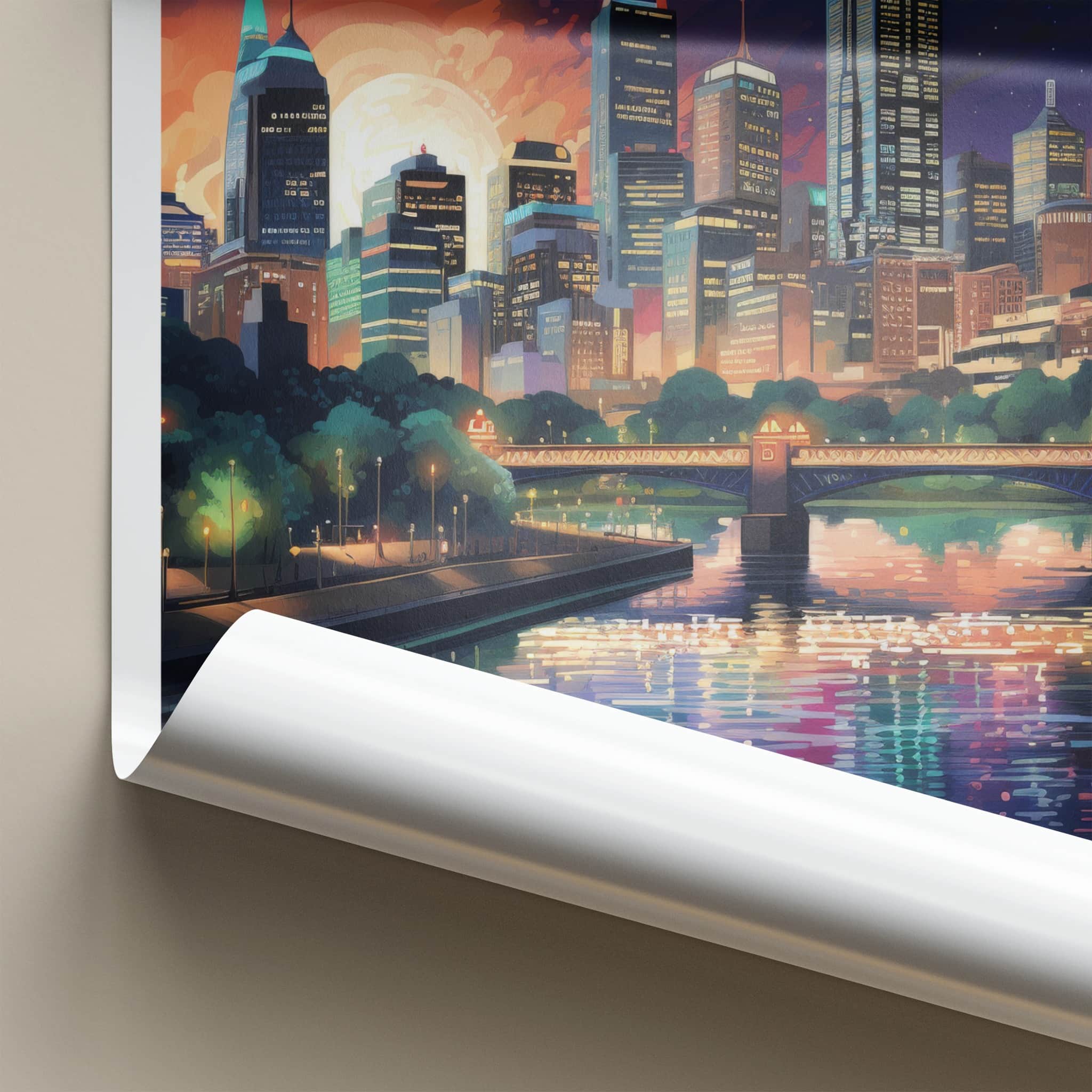 Melbourne Poster - Australia Travel Art - Moonlit City River Home Decor