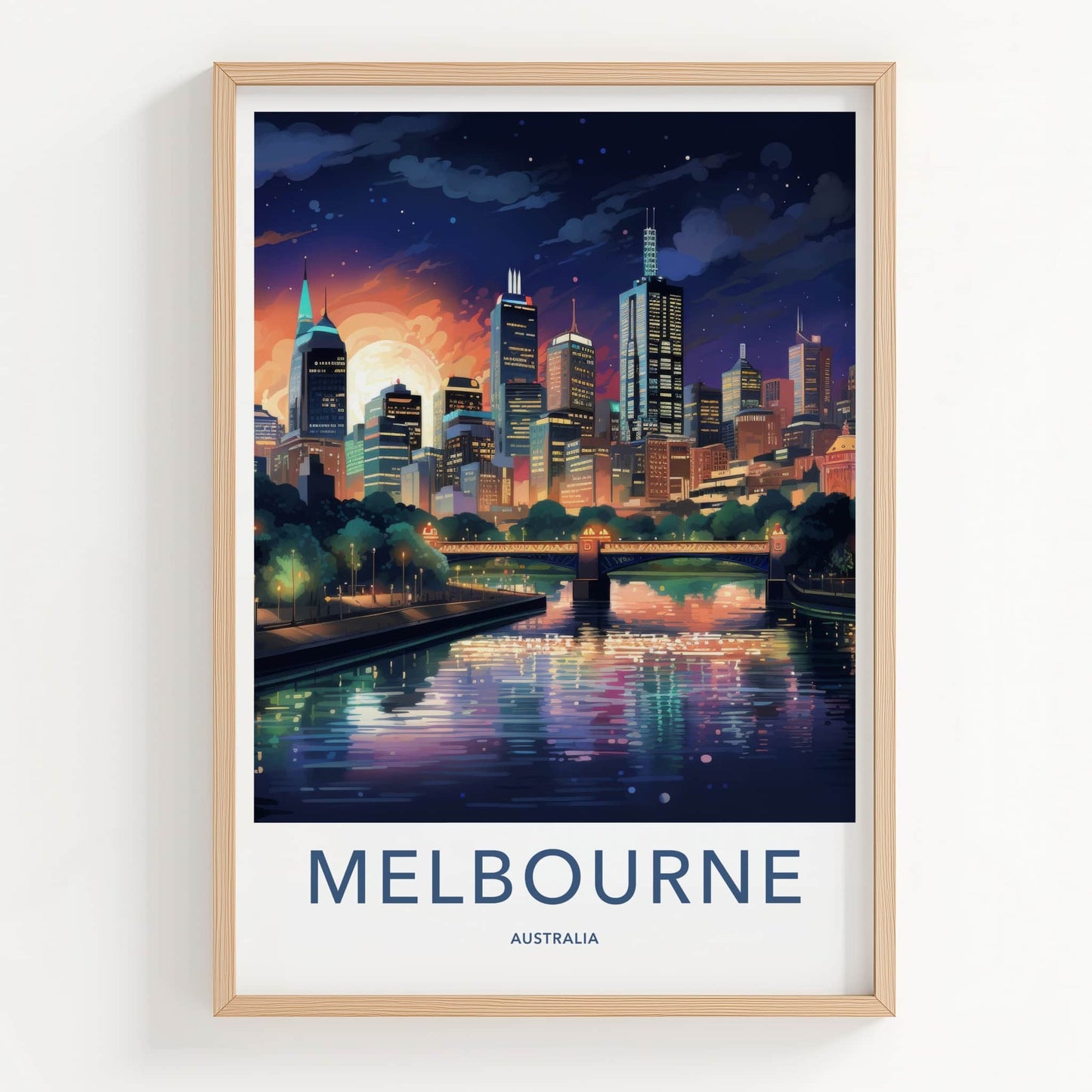 Melbourne Poster - Australia Travel Art - Moonlit City River Home Decor