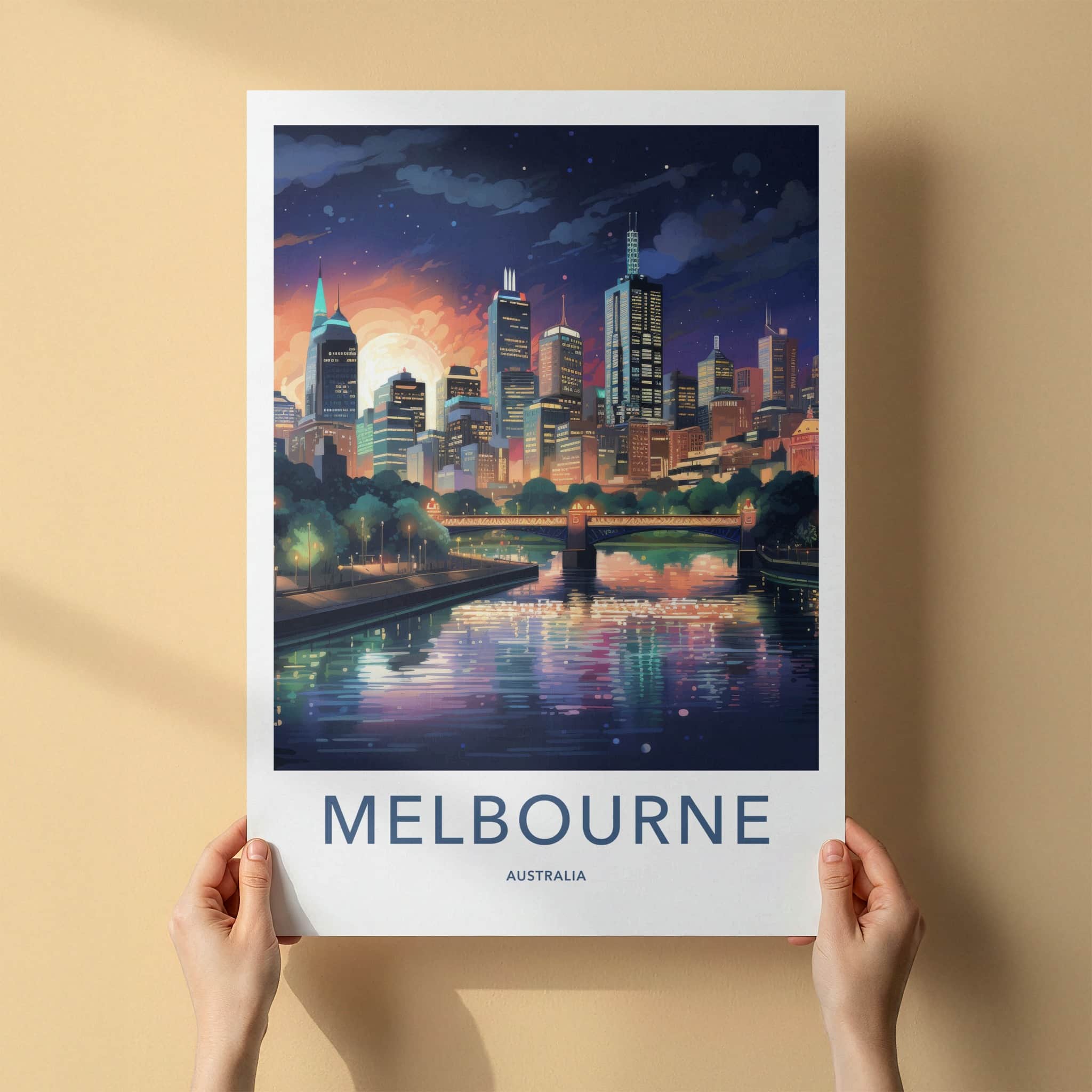 Melbourne Poster - Australia Travel Art - Moonlit City River Home Decor