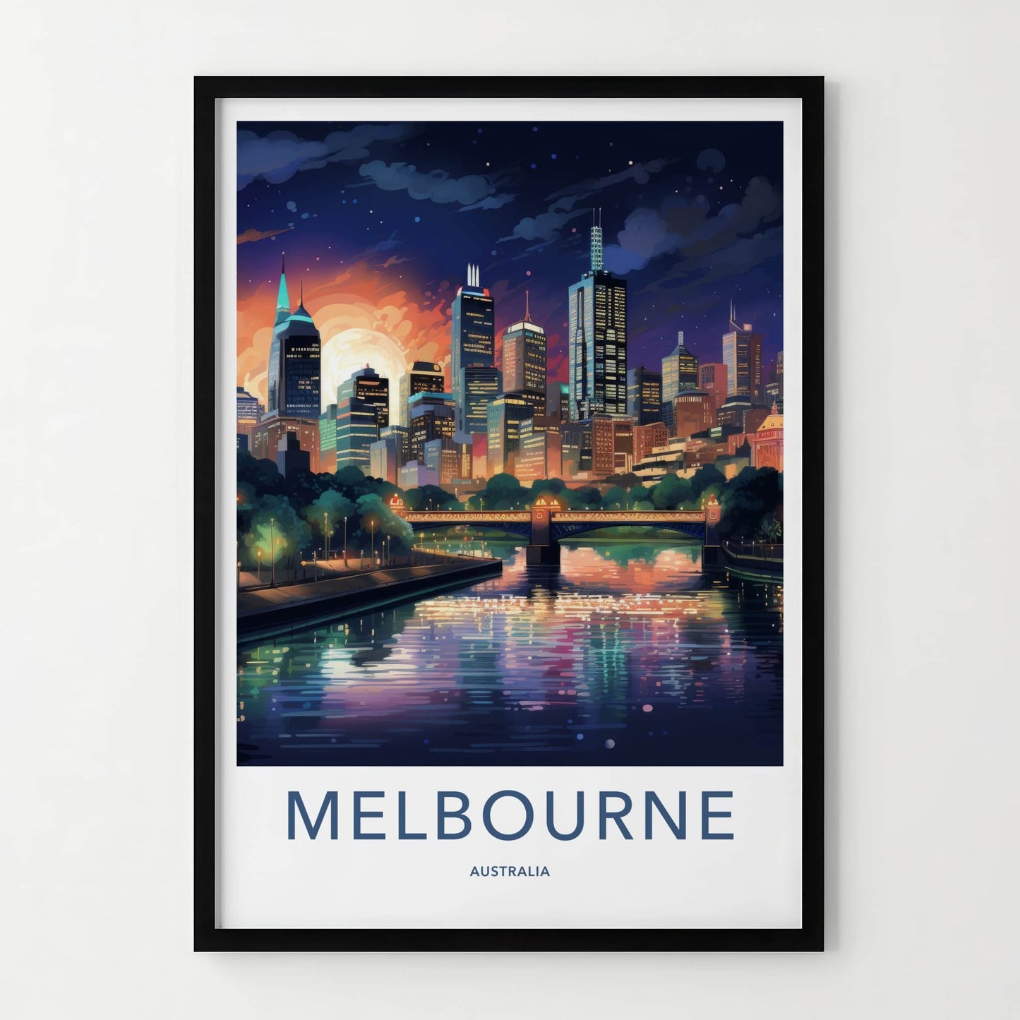 Melbourne Poster - Australia Travel Art - Moonlit City River Home Decor