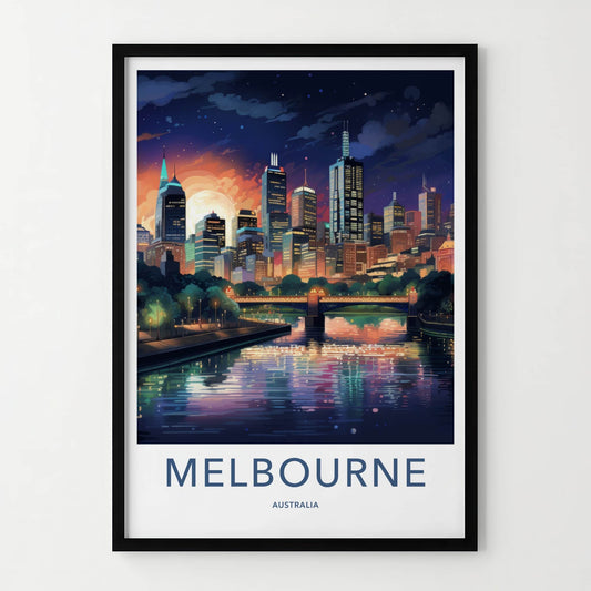 Melbourne Poster - Australia Travel Art - Moonlit City River Home Decor