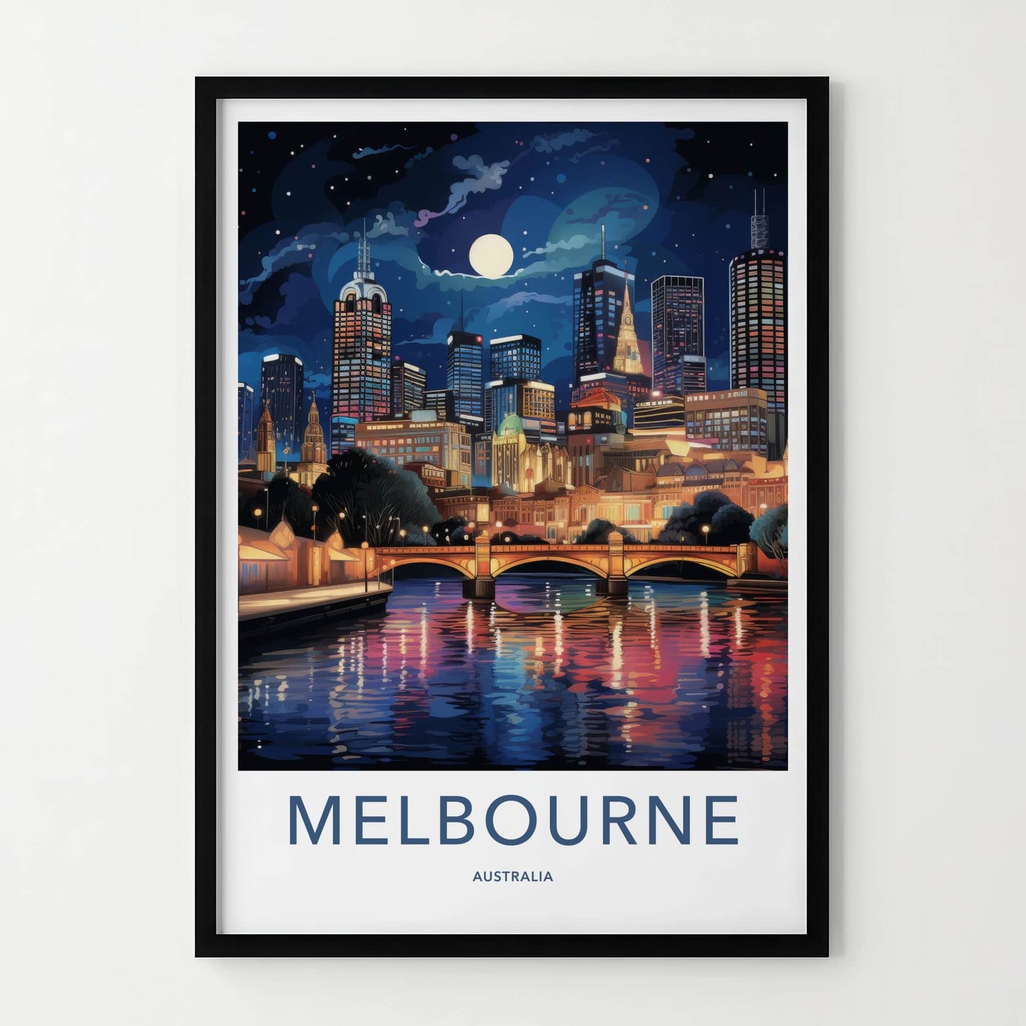 Melbourne Poster - Australia Travel Art - Moonlit River Reflections Home Decor