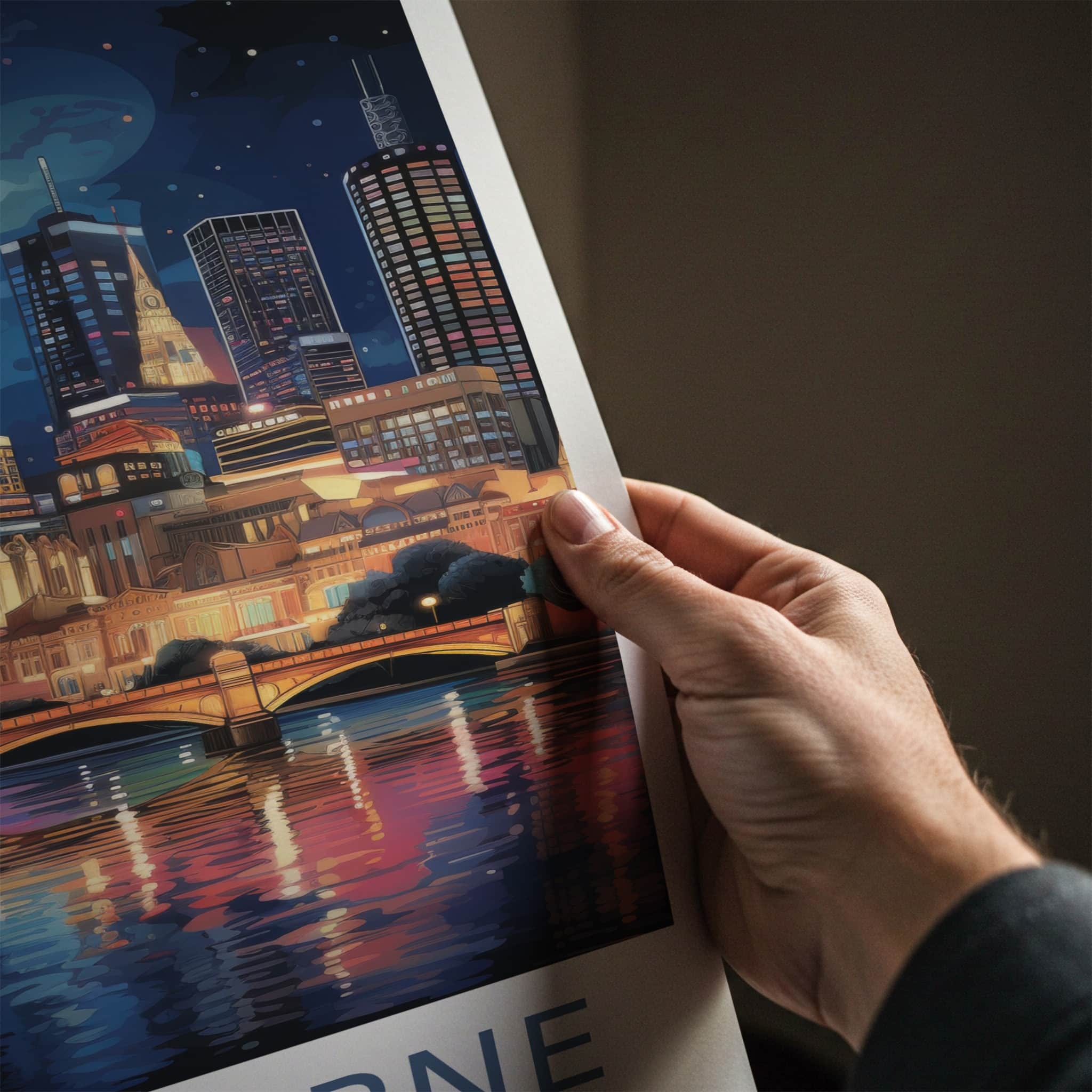 Melbourne Poster - Australia Travel Art - Moonlit River Reflections Home Decor