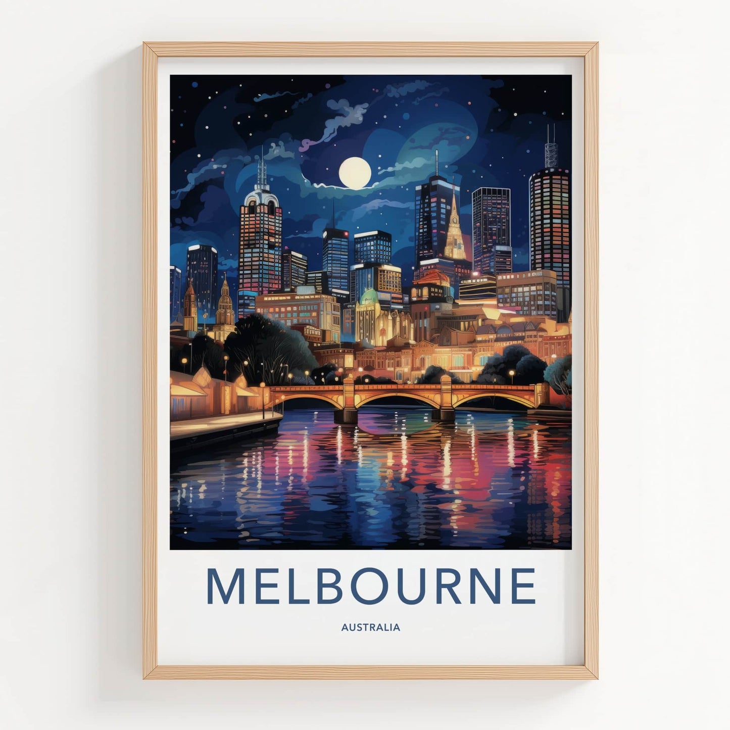 Melbourne Poster - Australia Travel Art - Moonlit River Reflections Home Decor