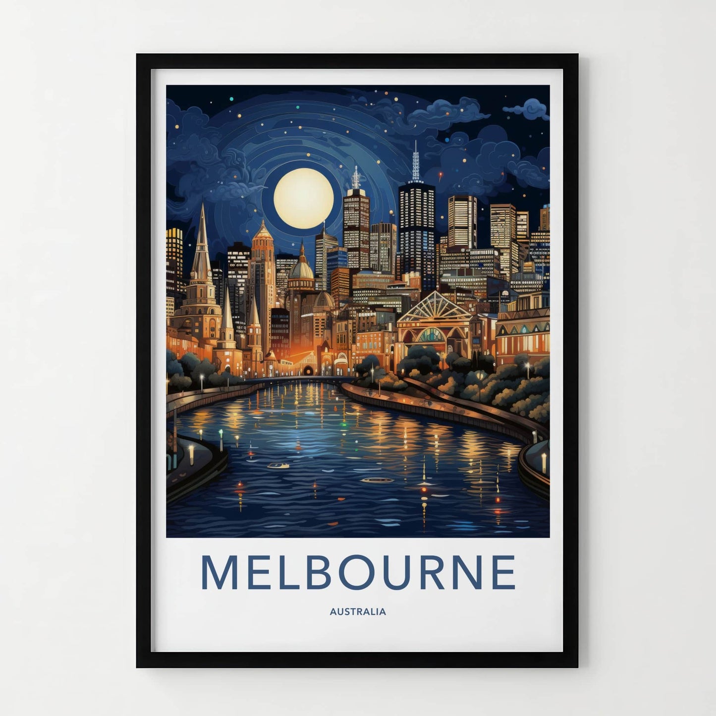 Melbourne Poster - Australia Wall Art - Moonlit City River Home Decor