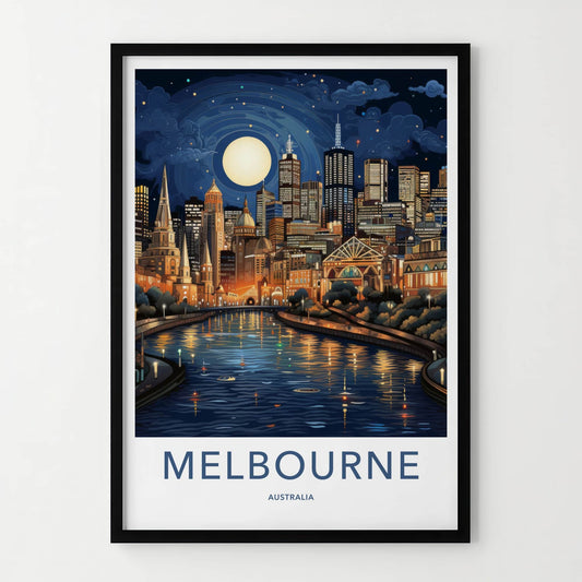 Melbourne Poster - Australia Wall Art - Moonlit City River Home Decor