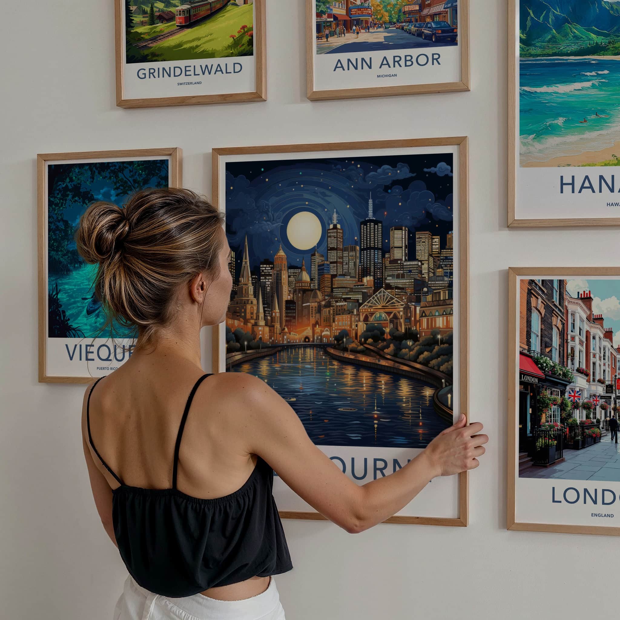 Melbourne Poster - Australia Wall Art - Moonlit City River Home Decor