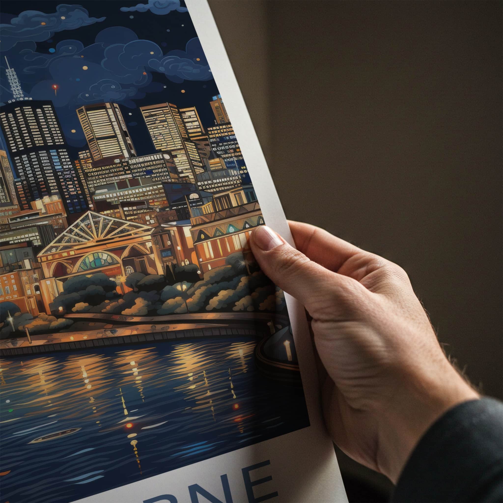 Melbourne Poster - Australia Wall Art - Moonlit City River Home Decor