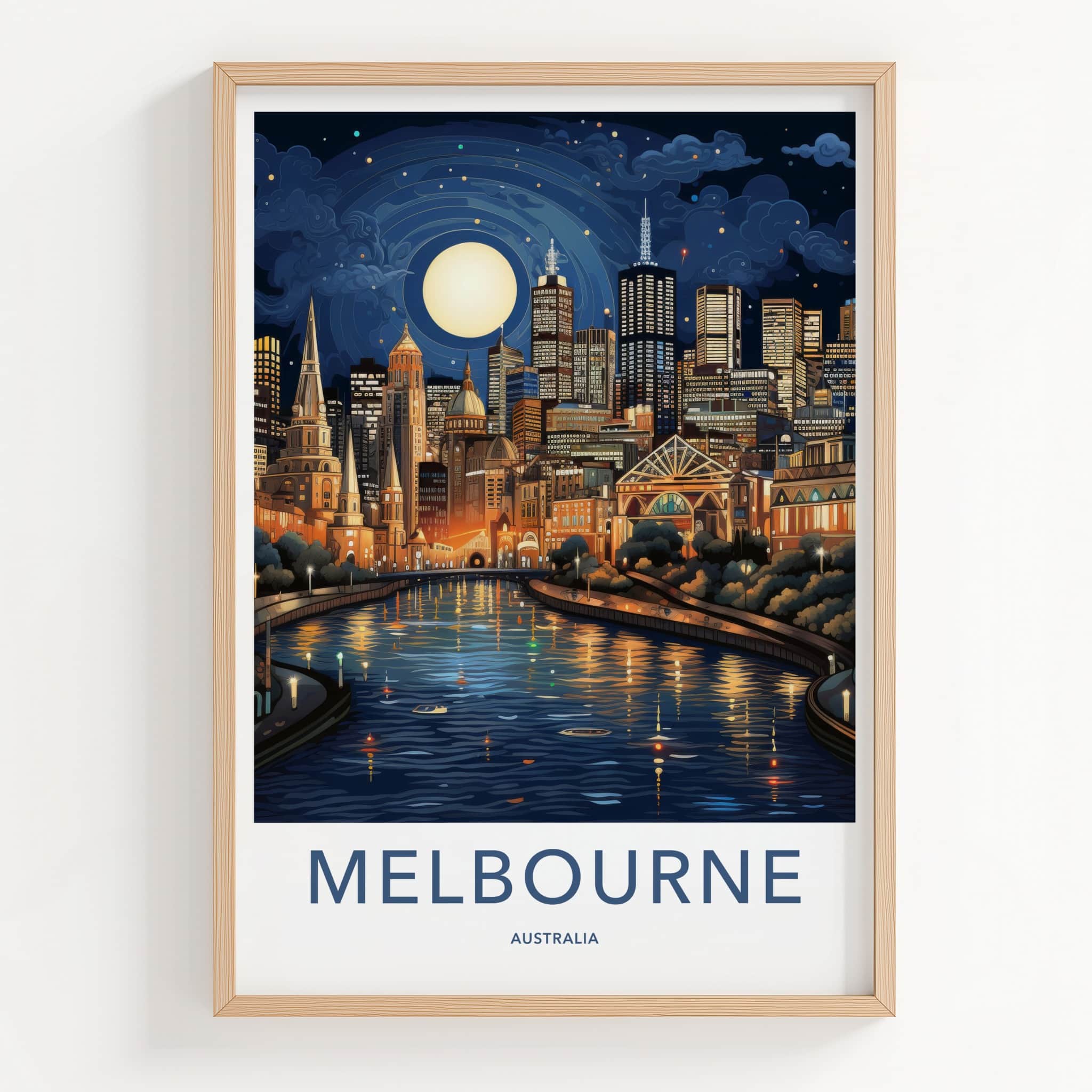 Melbourne Poster - Australia Wall Art - Moonlit City River Home Decor