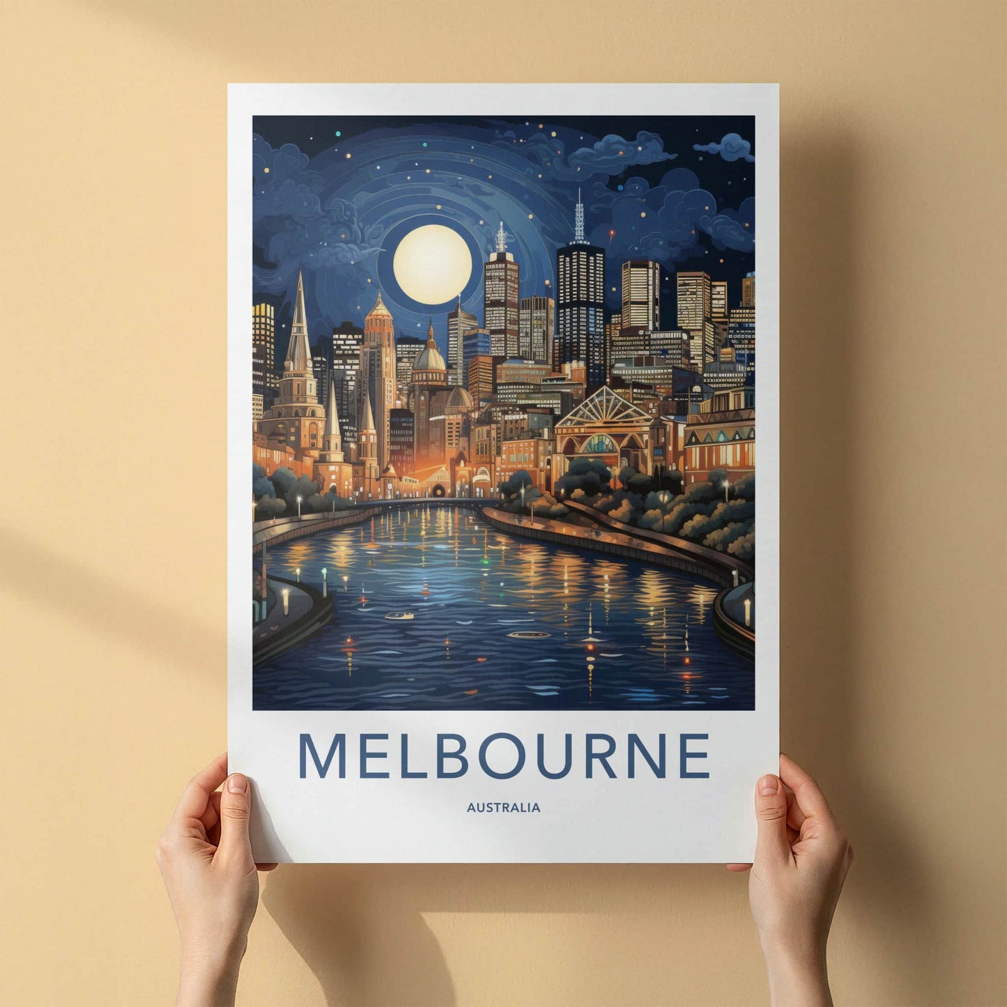 Melbourne Poster - Australia Wall Art - Moonlit City River Home Decor