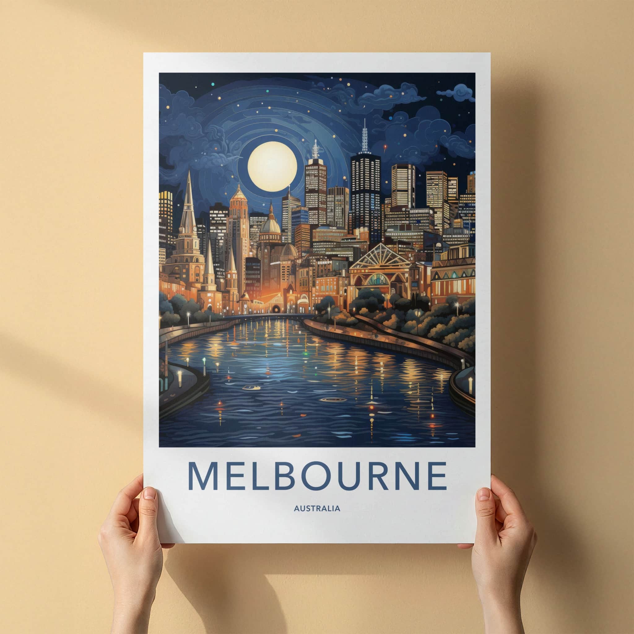 Melbourne Poster - Australia Wall Art - Moonlit City River Home Decor