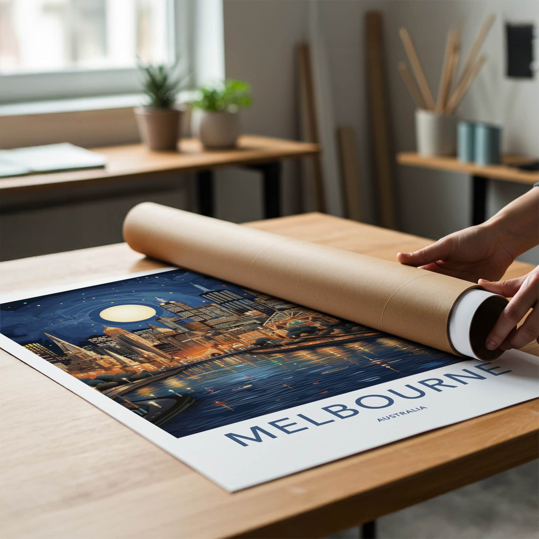 Melbourne Poster - Australia Wall Art - Moonlit City River Home Decor