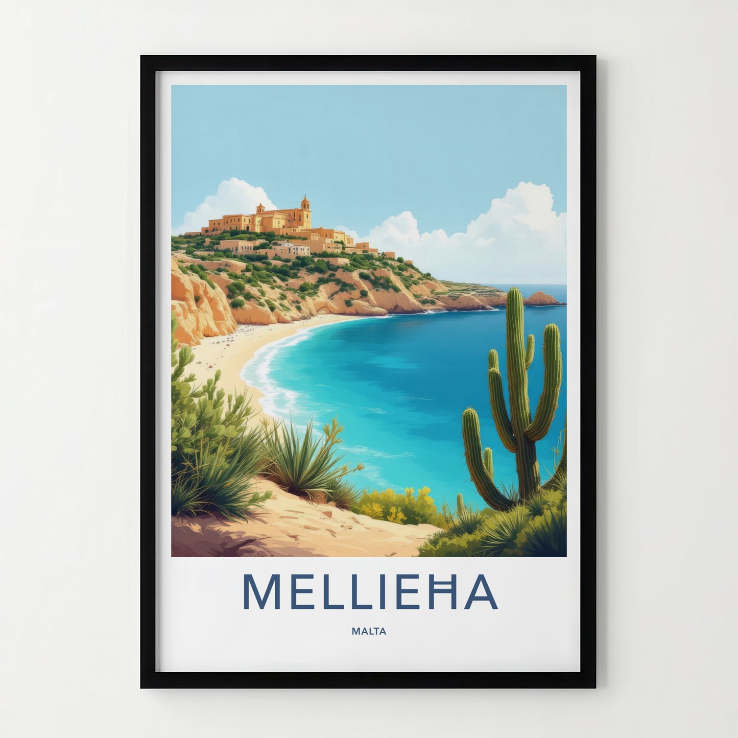 Mellieha Poster - Malta Travel Art - Coastal Hilltop Village Home Decor