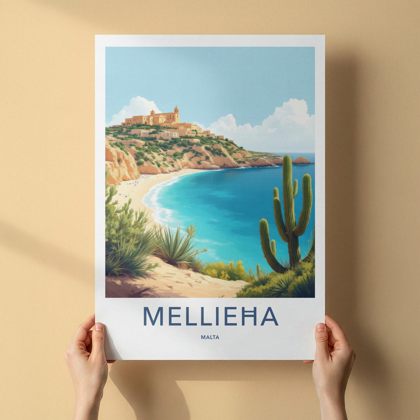 Mellieha Poster - Malta Travel Art - Coastal Hilltop Village Home Decor